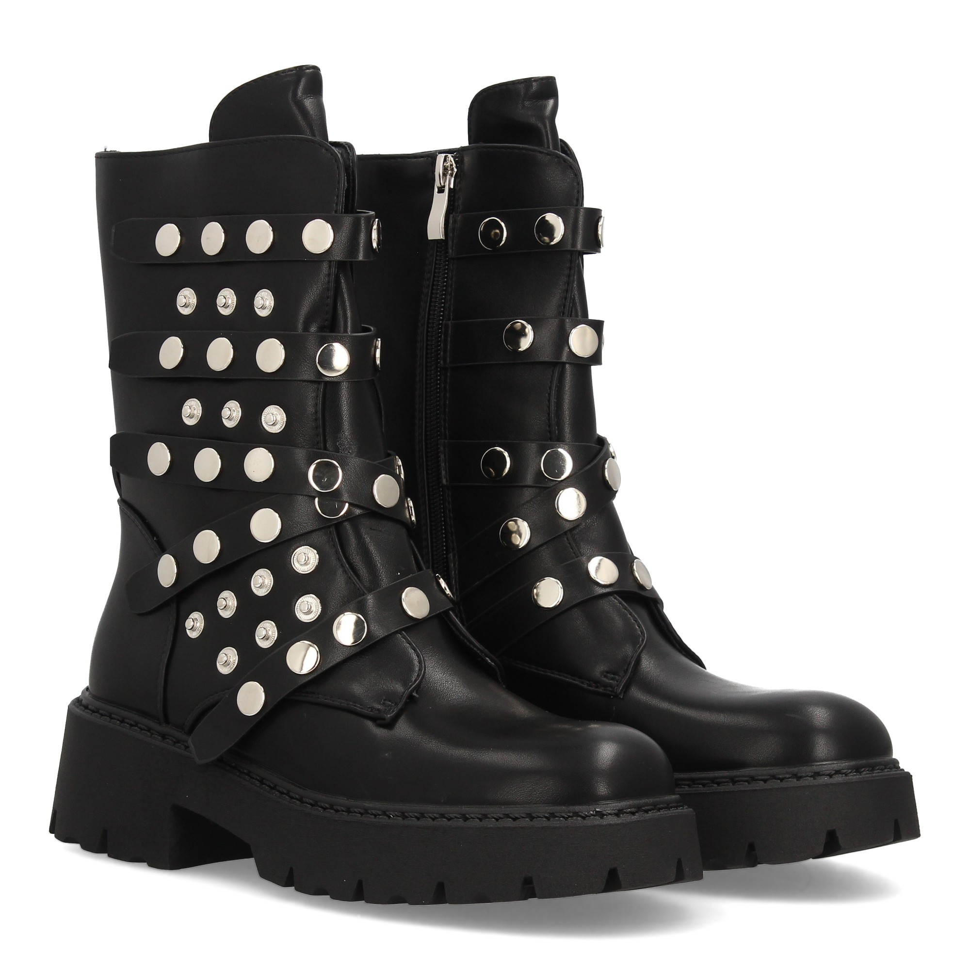 Women's Platform Boot With Multiple Decorative Straps, Metallic Studs, Thick Track-style Sole, And Zipper Closure. Perfect For Fall/winter