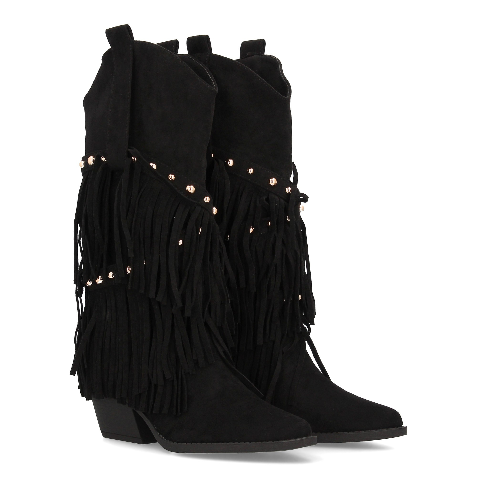 Image of Western-style Boot With High Heel Decorated With Fringe In And Metal Studs, Fine Point And Cuban Heel. Ideal For Women In -winter Season.