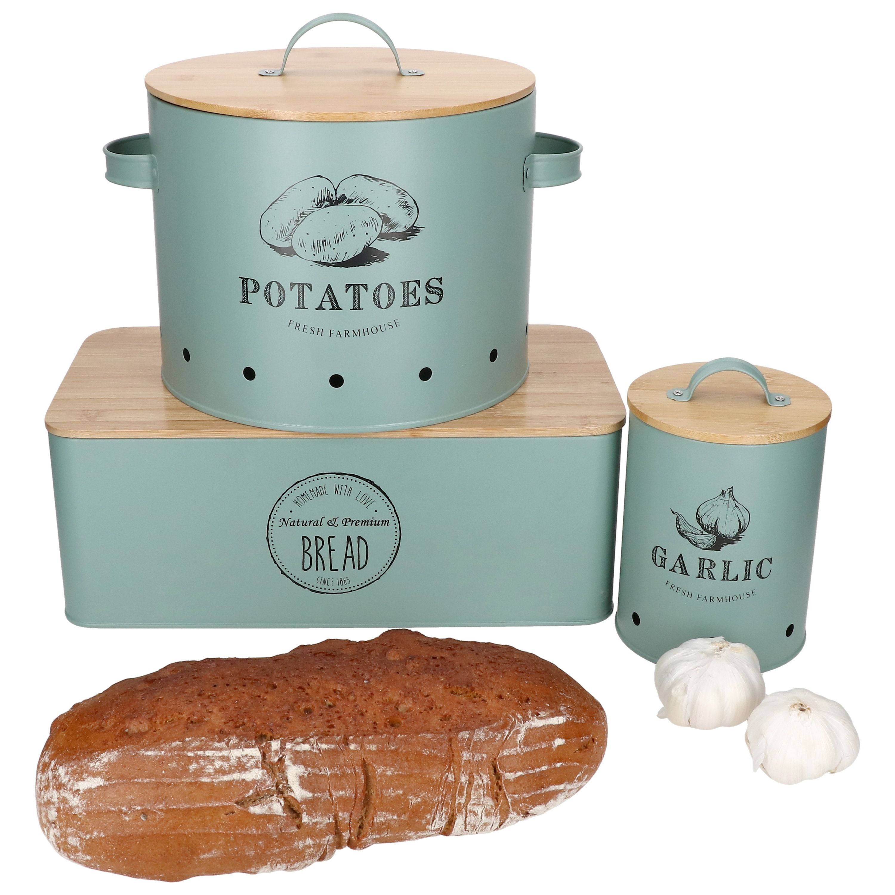 3pcs Set Bread-, Garlic- & Potato Pot Fresh Mint Made Of Metal & Bamboo – 10890, 10899 & 10893