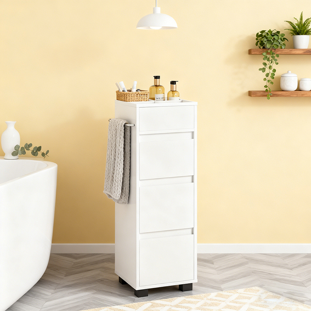 Image of 1 Piece Bathroom Cabinet With 3 Drawers And 4 Compartments, Made Of Mdf, Modern Freestanding Bathroom Furniture For Bath & Toilet, 30x90x30cm, White, Haotian Cas40-x