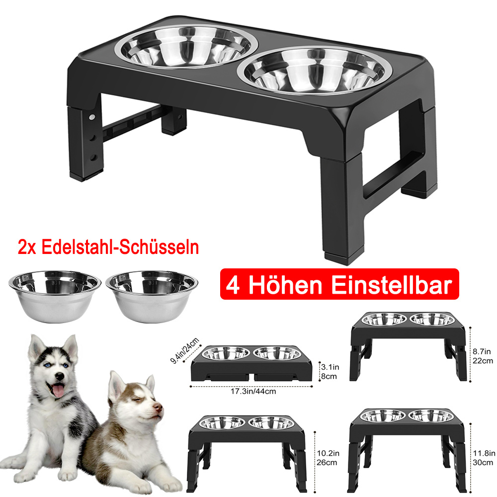 E-shop Hundenapf, Futternapf für Hunde, Rutschfester Hunde Futterstation mit 2 Edelstahl-Schüsseln von 1200ml, 4 Höhenverstellbare Fütterung(8cm, 22cm,