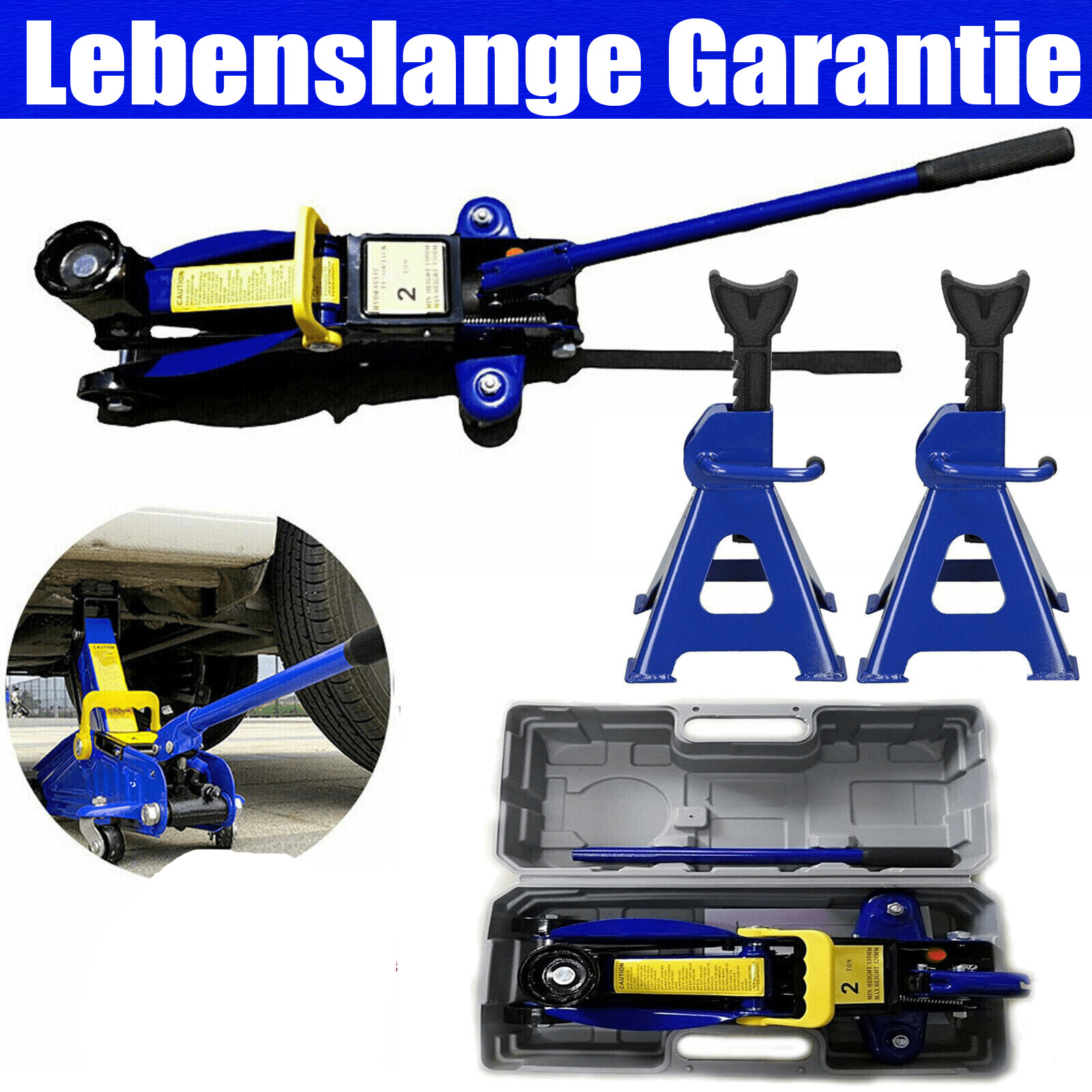 E-shop Wagenheber und Wagenheberständer-Kombi - 2 Tonnen Low-Profile Hydraulik & 3 Tonnen Achsständer-Set, Reifenreparatur-Set, Heavy Duty Stahl