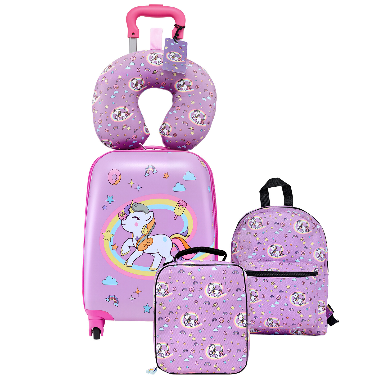 Image of Vevor Luggage Set, 5pcs, 45.7 Cm Hardside Rolling Wheels Suitcase With Backpack & Pillow, Unicorn Carry On Luggage Set, Holiday Birthday Gift For Girls Boys, Airline Approved