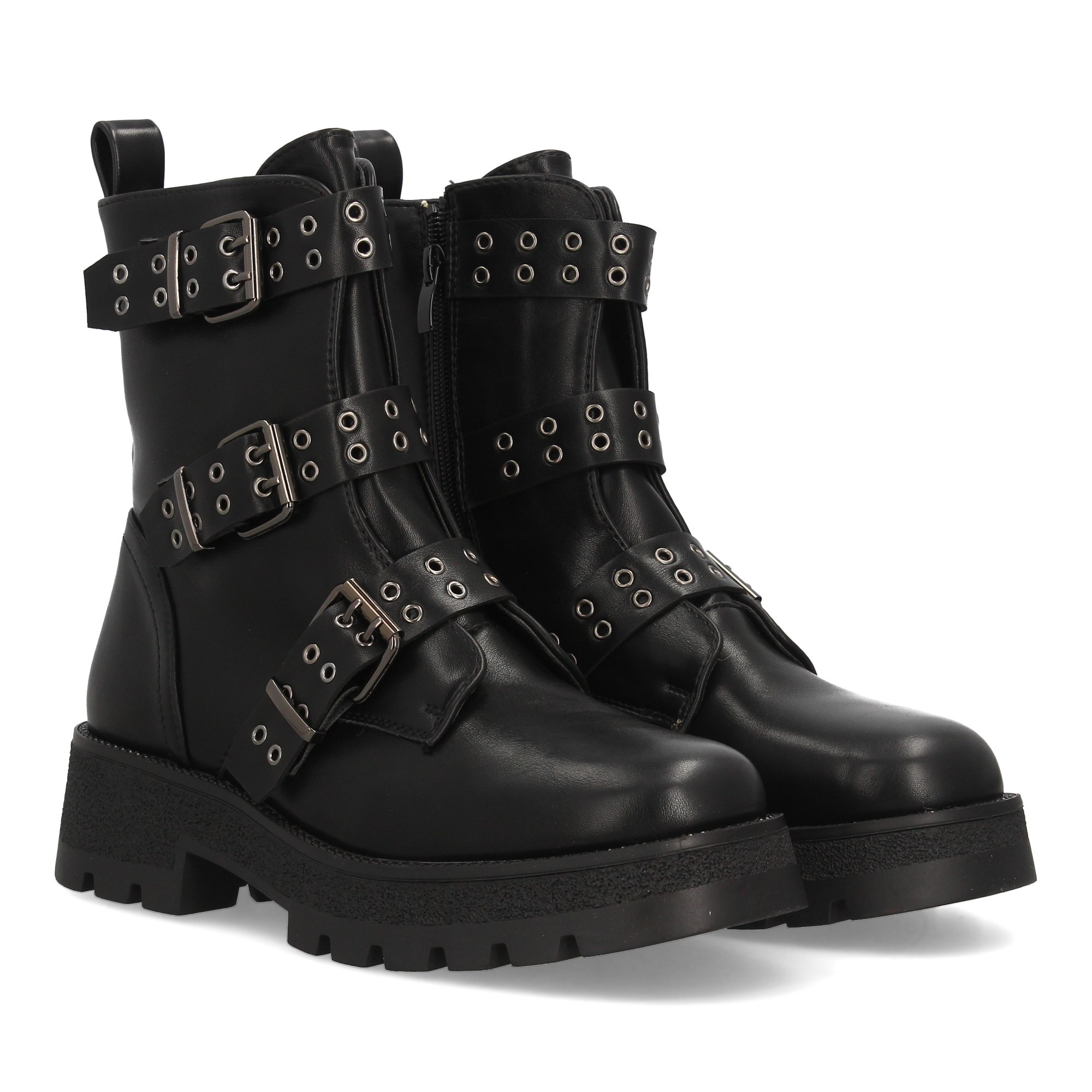 Image of Women's Boots With Platform Soles, With Multiple Decorative Straps With Buckles And Metal Studs, With A Zipper Closure. Ideal For Autumn Winter.