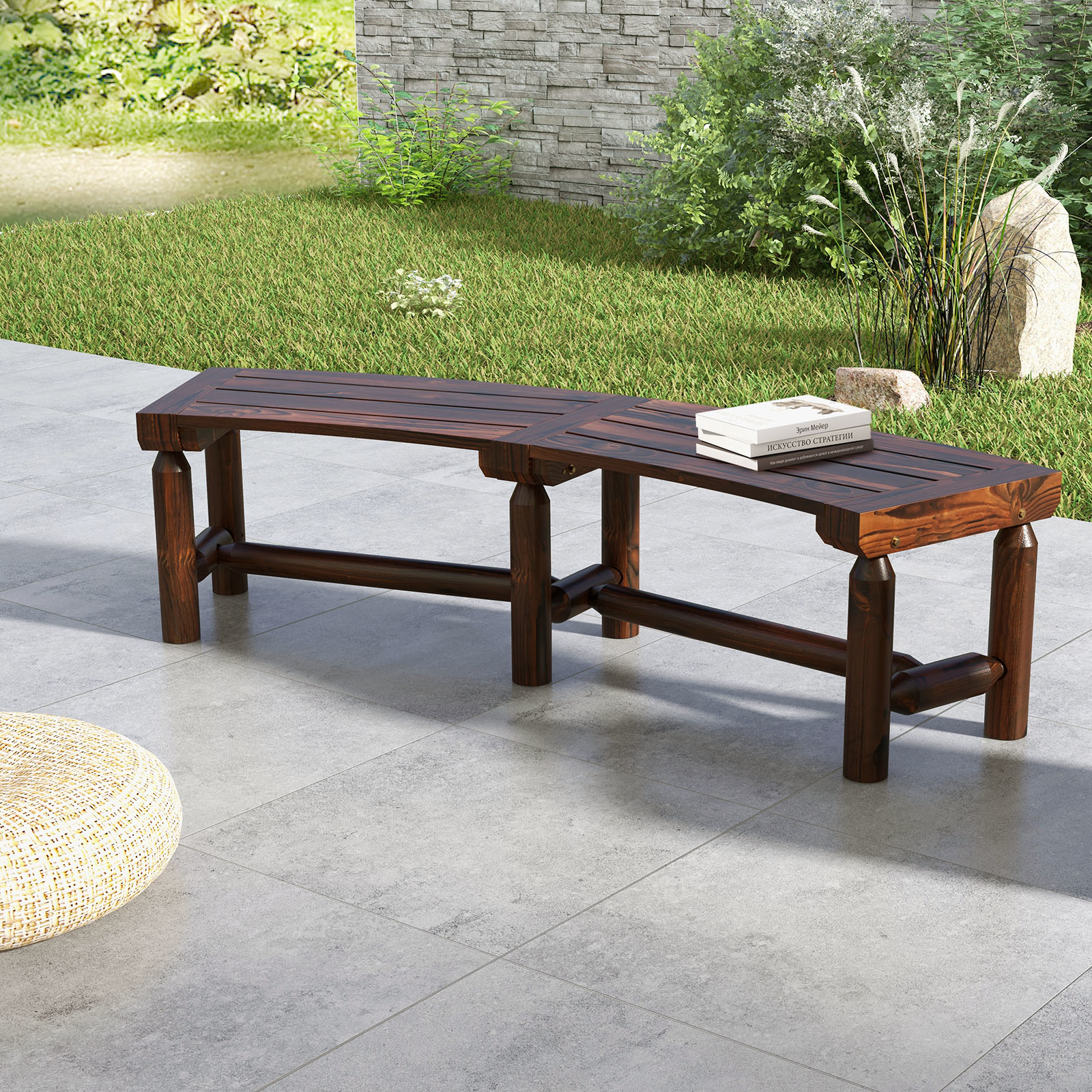 Image of Patio Curved Bench, Carbonized Wood Dining Bench For Round Table, Spacious & Slatted Seat, 2-person Rustic Wood Bench For Backyard, Garden, Porch, Xx Lbs