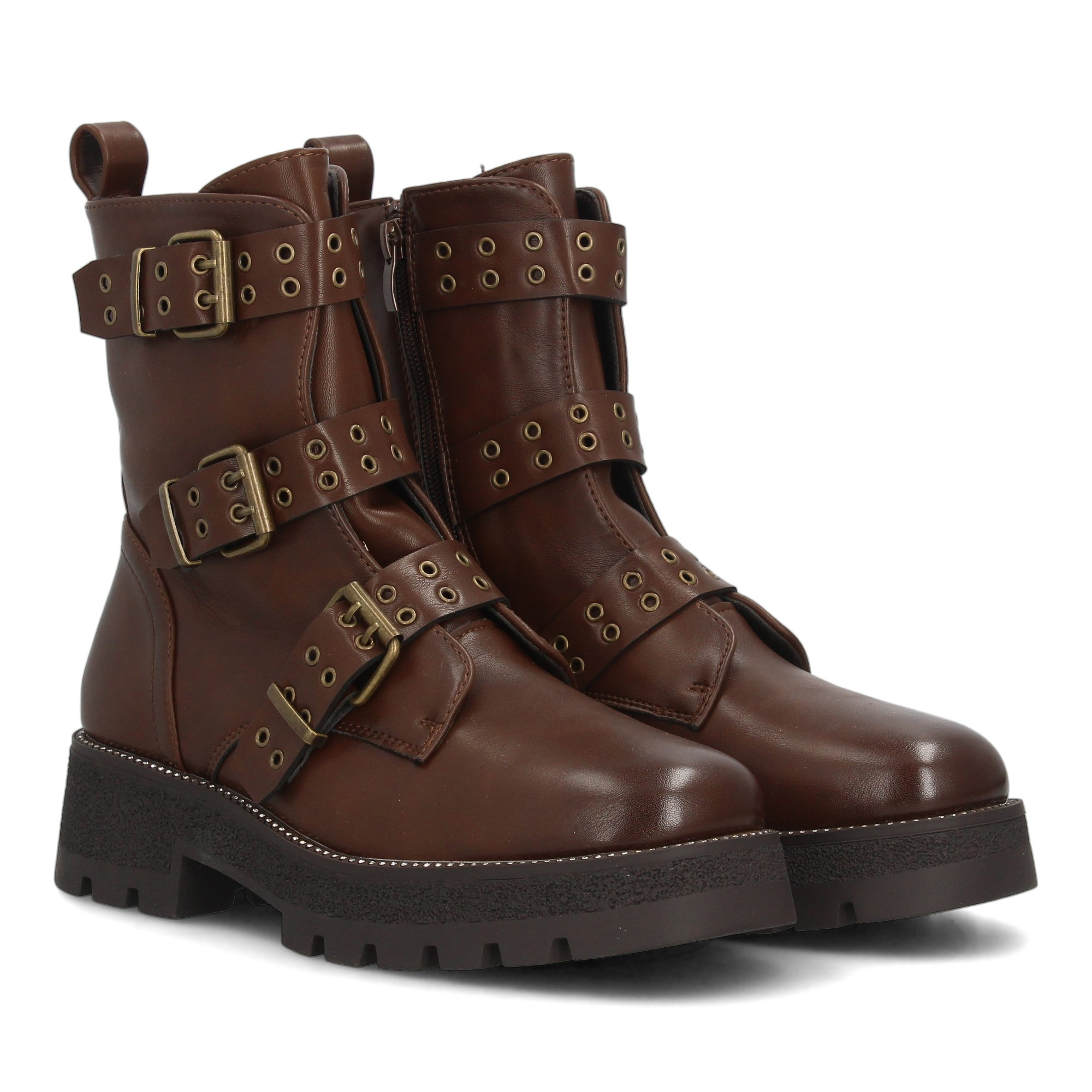 Image of Women's Boots With Platform Soles, With Multiple Decorative Straps With Buckles And Metal Studs, With A Zipper Closure. Ideal For Autumn Winter.