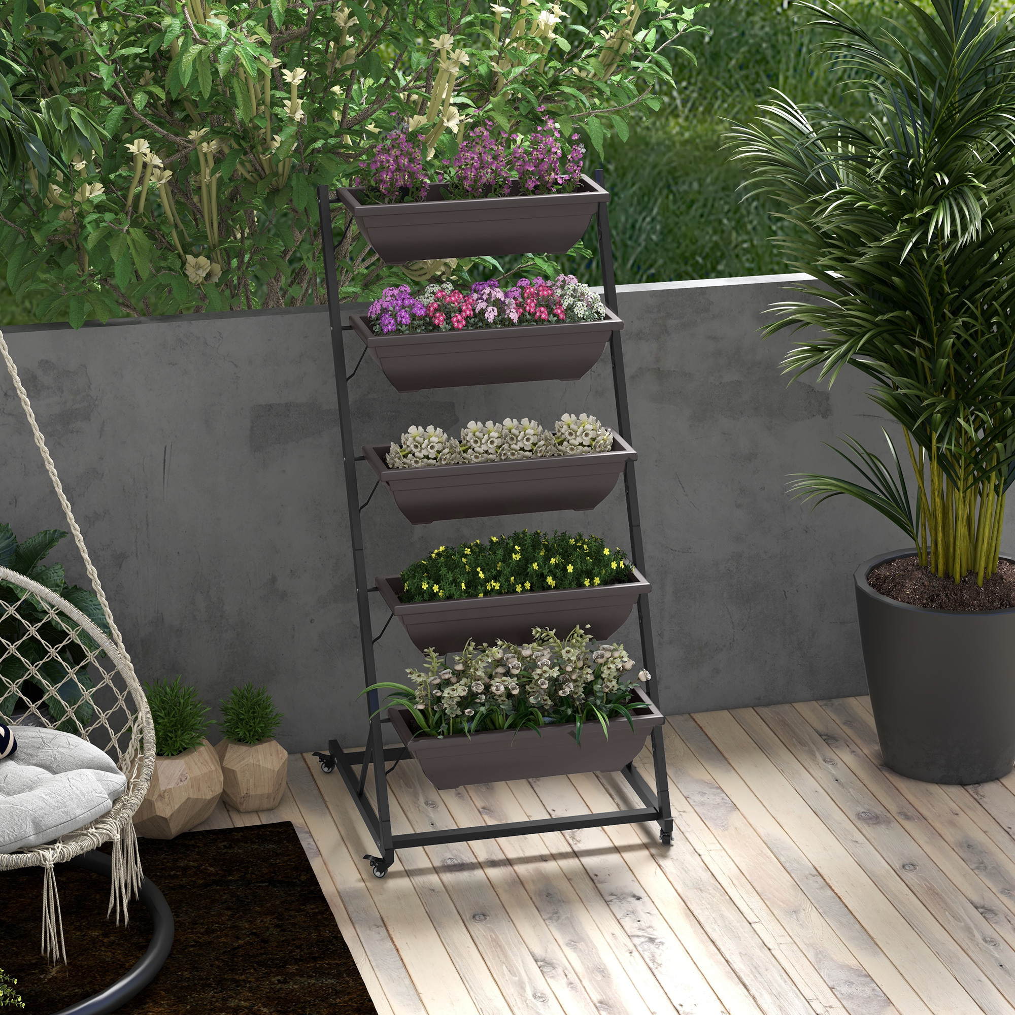 Image of 5-tier Plant Stands, 145 Cm High Flower Stands With Wheels Pots, Steel Plant Rack, Flower Rack, Flower Ladder Flower Pot Stands For Garden Balcony, Brown