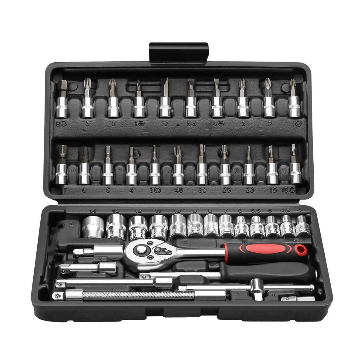 E-shop 43-tlg. mechanischer Werkzeugsatz, mit Ratsche, Multifunktions-Schraubendrehereinsätzen, Stecknüssen, metrischen Größen, Verlängerungsstangen,