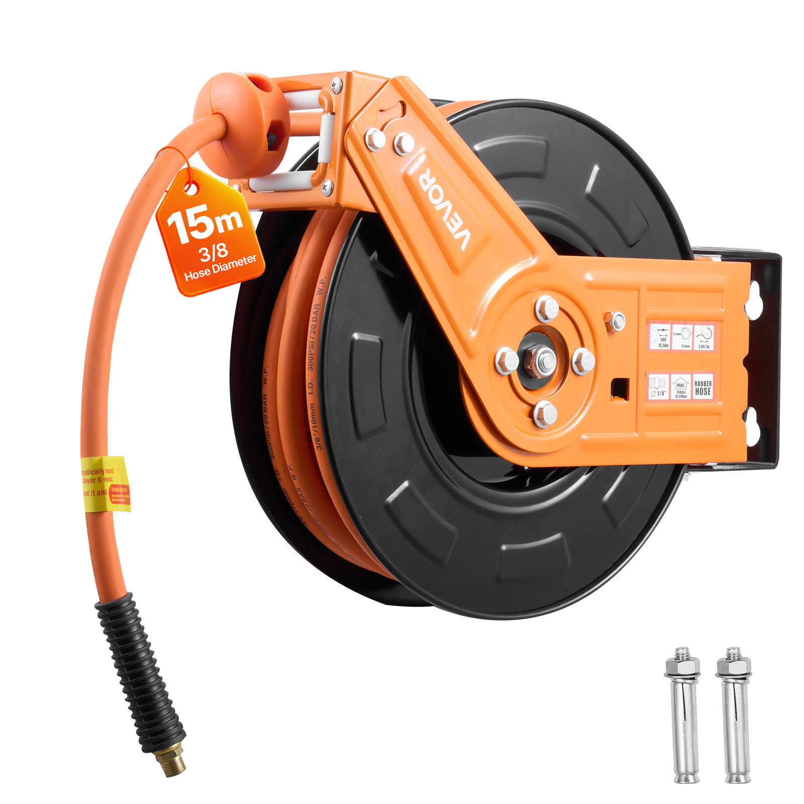 Image of Vevor Retractable Air Hose Reel, 15m X 9.5mm Rubber Air Hose Max 300psi, Auto Air-compressor Hoses Reel With 1m Lead In, 180° Swivel Ceiling/wall Mount For Garage