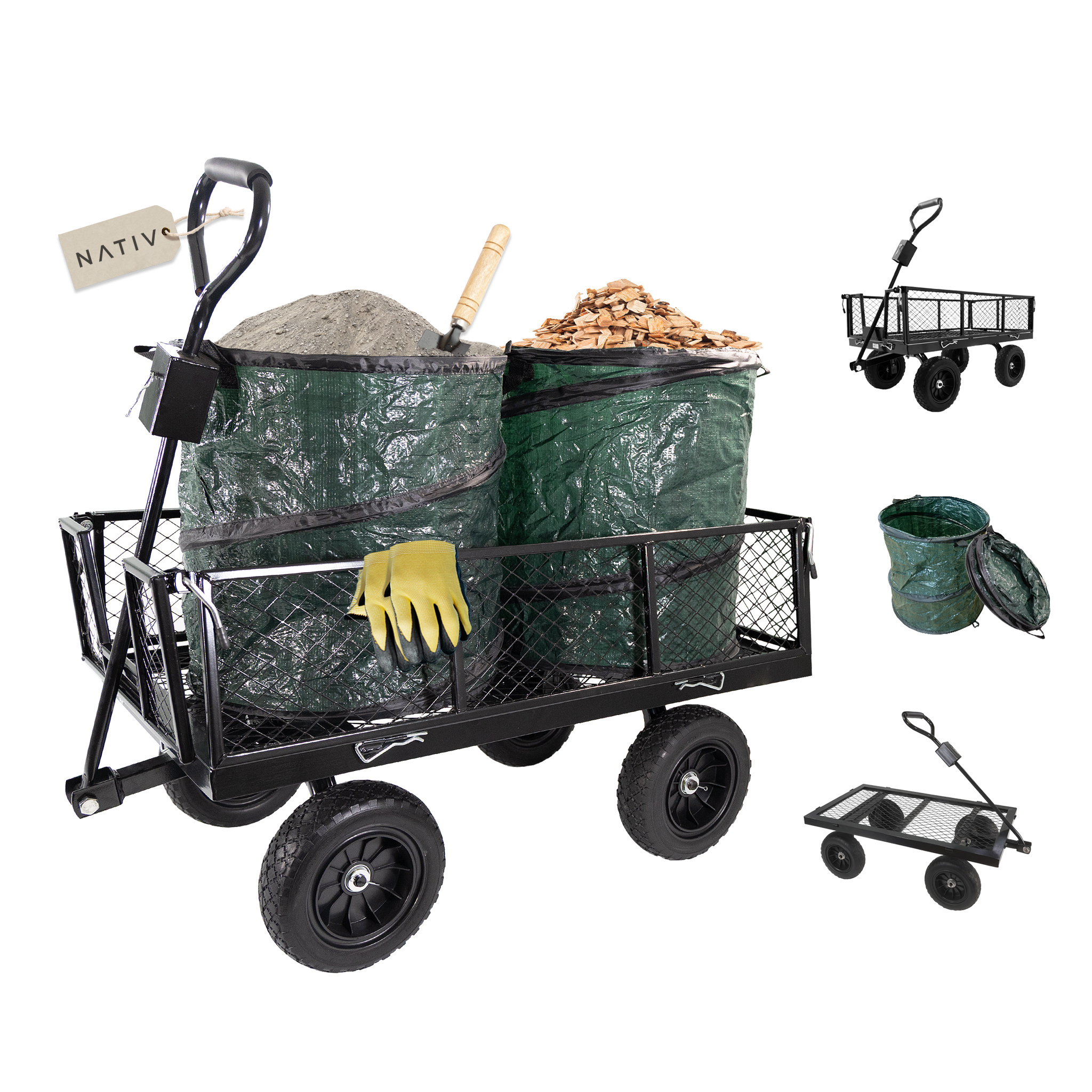 Metal Garden Cart With 2 Leaf Bags, 300 Kg Loadable, Gardening