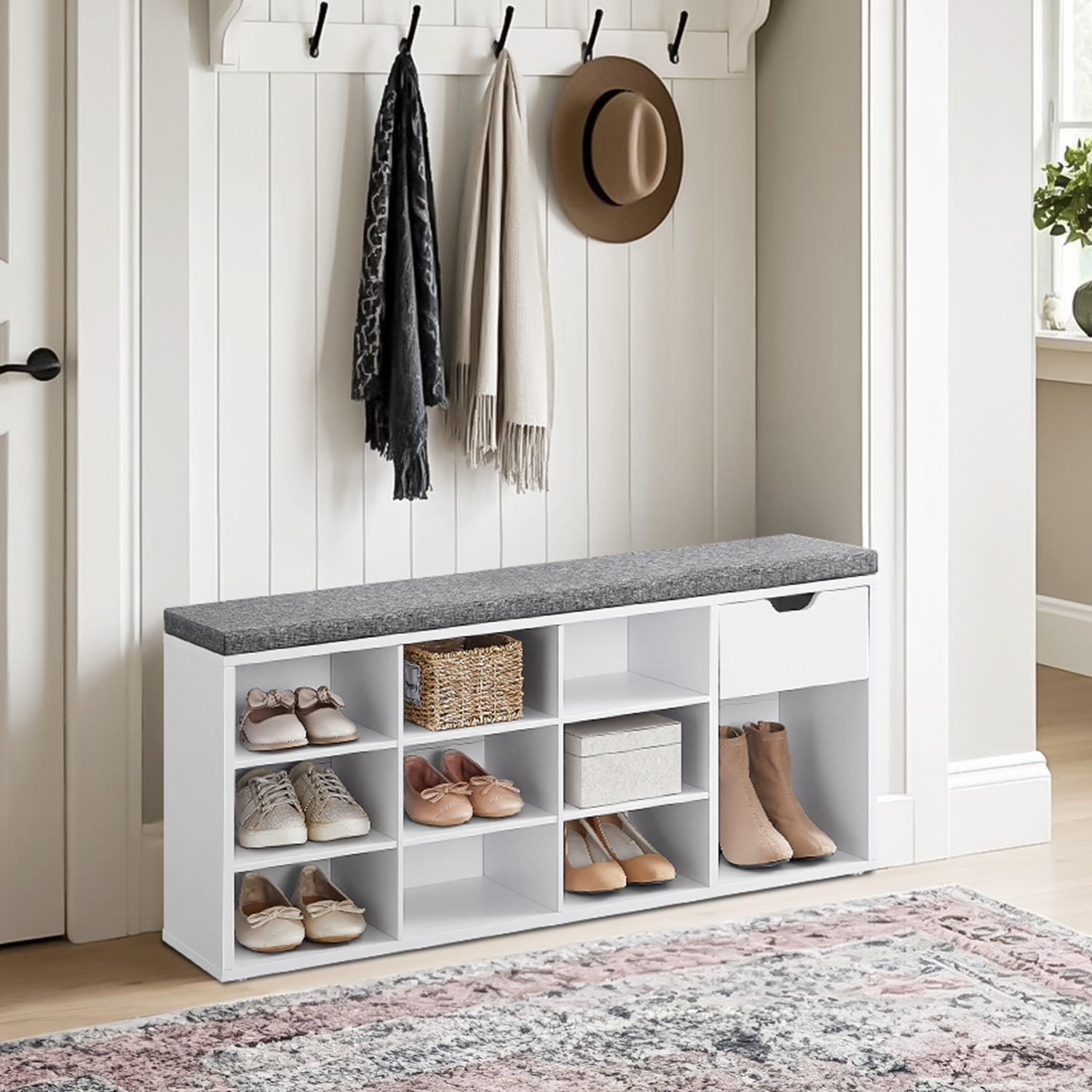 Bench With Padded Seat, Shoe Rack With Drawer And Open Compartments, Hallway