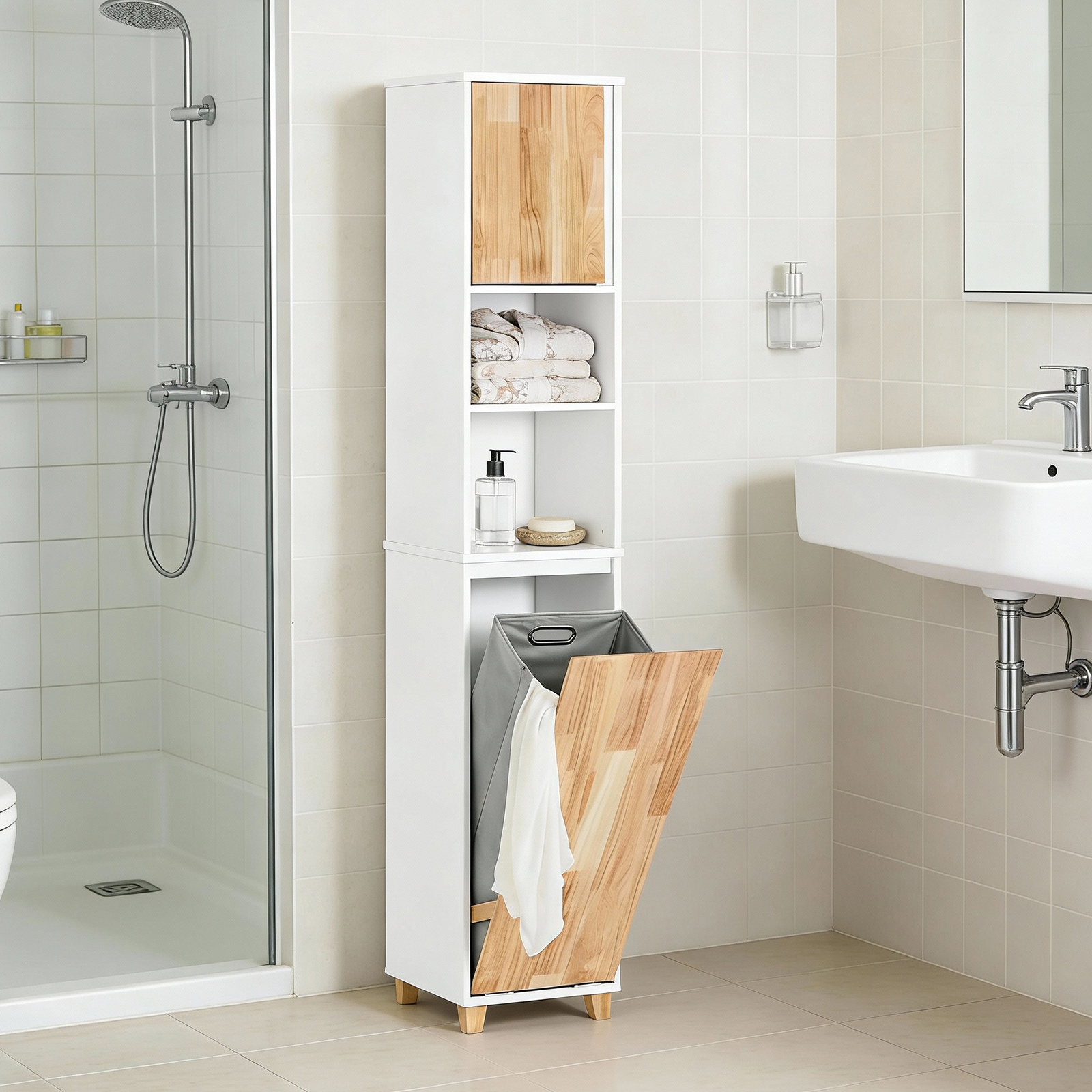 Image of 1pc Of Narrow Bathroom Tall Cabinet With Closed Cabinet Open Shelves And Foldable Laundry Basket Vertical Storage Natural 31x32x170 Cm