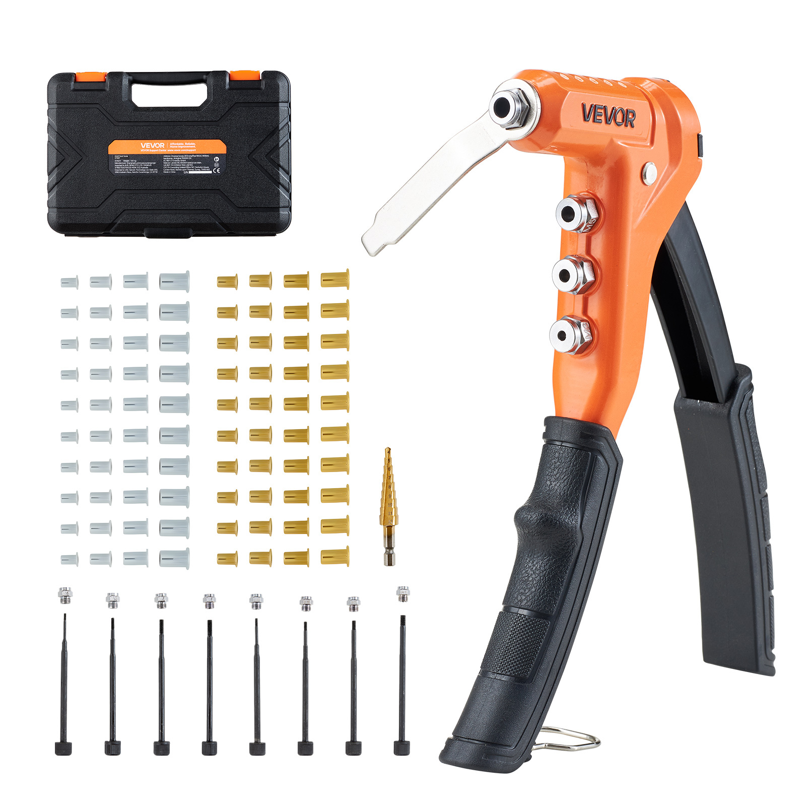 Image of Vevor Rivet Nut Tool Kit, 230 -handed Rivnut Tool Kit, With 8 Mandrels, A Step Drill Bit And 80 Nuts, Metric And Sae Size M3, M4, M5, M6, 6-32, 8-32, 10-24, 1/4 , With A Carrying Case