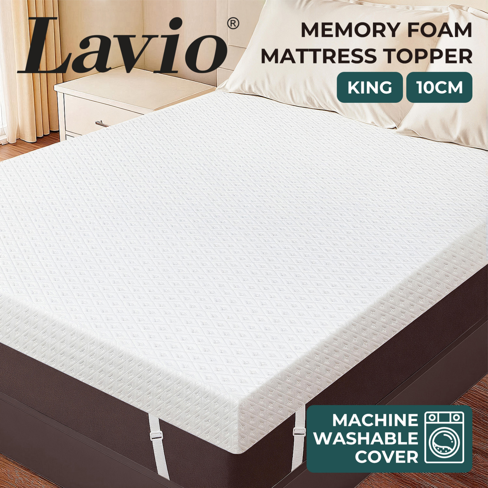 TEMU Lavio 4 Inch Memory Foam Mattress Topper King, Pressure Relief & Temperature Regulating Bamboo Charcoal & Cooling Gel Memory Foam Dual Layers,