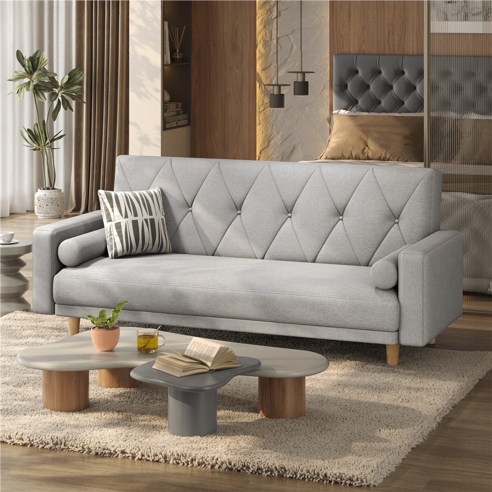 TEMU Costoffs Convertible Sofa Bed 3-seater Linen/velvet Fabric Futon, Multipurpose Double Sleeper Sofa With 2 Bolster Pillows For Living Room ,