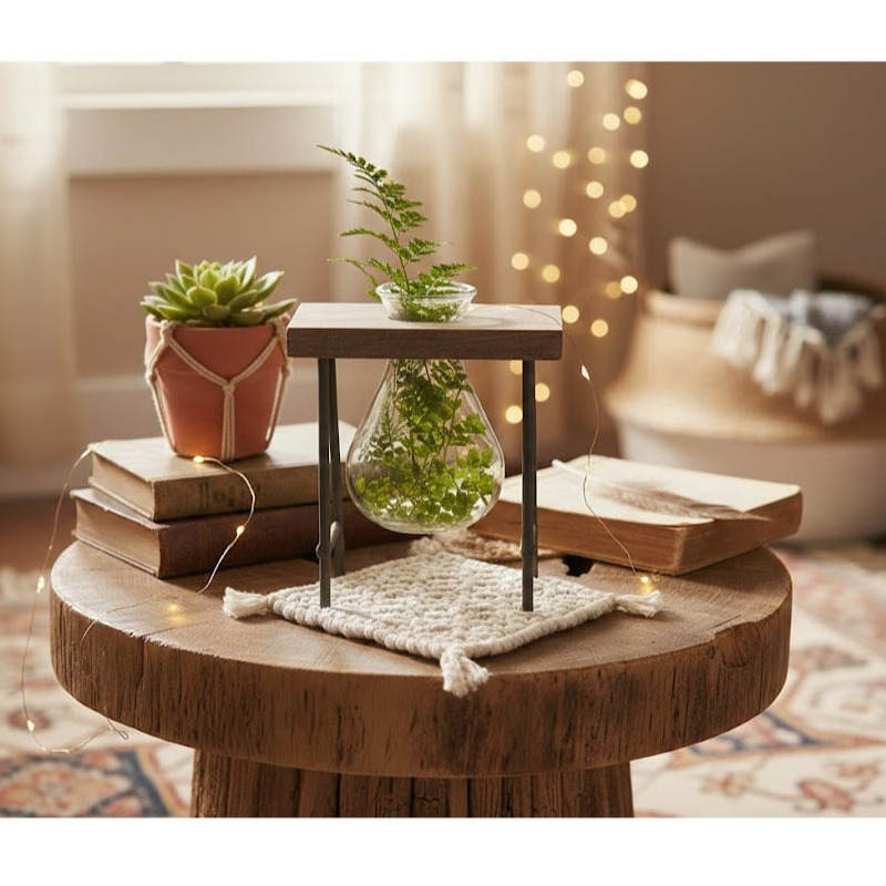 Image of Boho Glass Vase With Wooden Stand – Minimalist Hydroponic Station For Plants & – Aesthetic Table & Room Decor In Scandi Style
