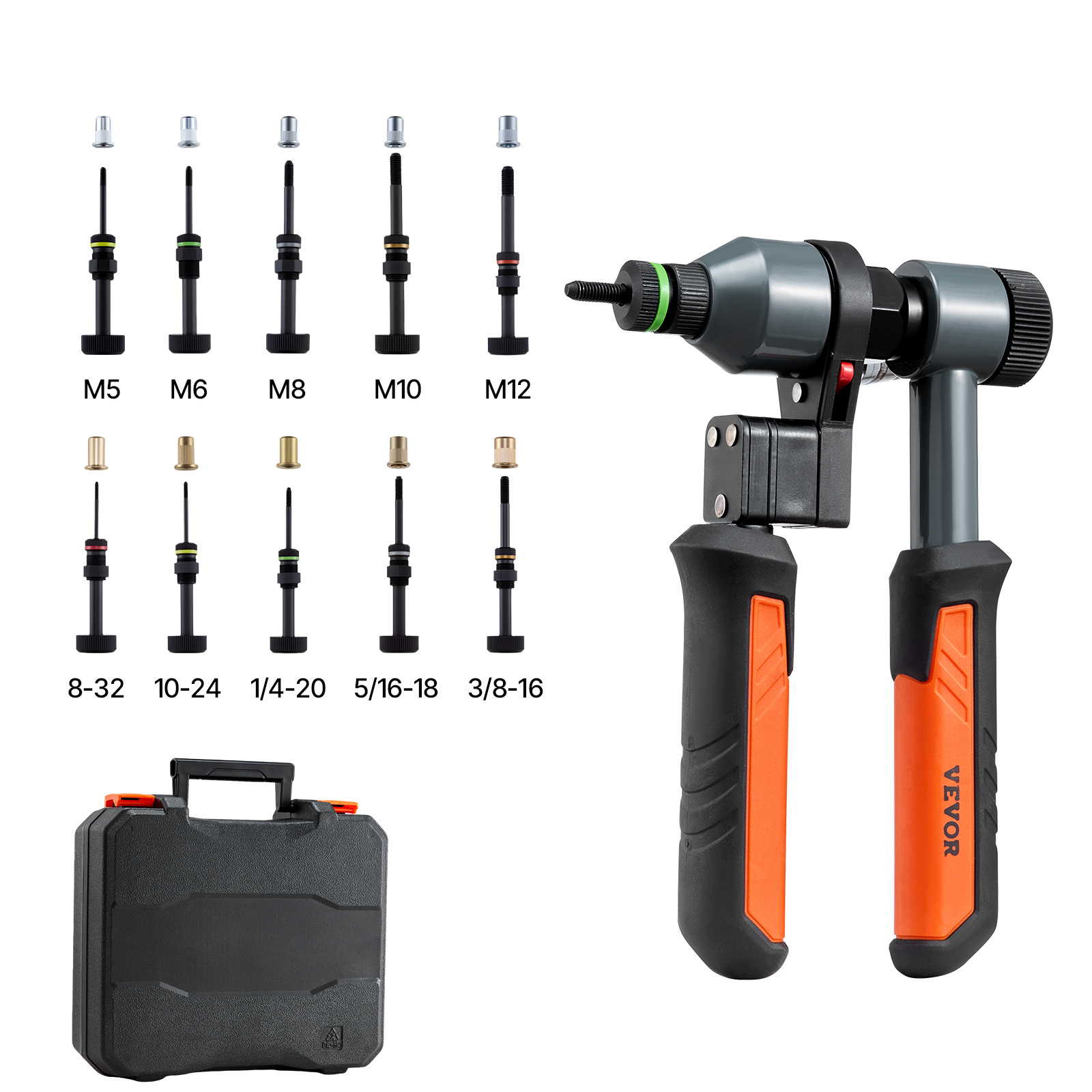 TEMU Vevor Rivet Nut Tool Kit, 210 Mm Ratchet Rivnut Tool Kit, With 10 Mandrels And 100 Nuts, Metric And Sae Size M5, M6, M8, M10, M12, 8-32, 10-24,