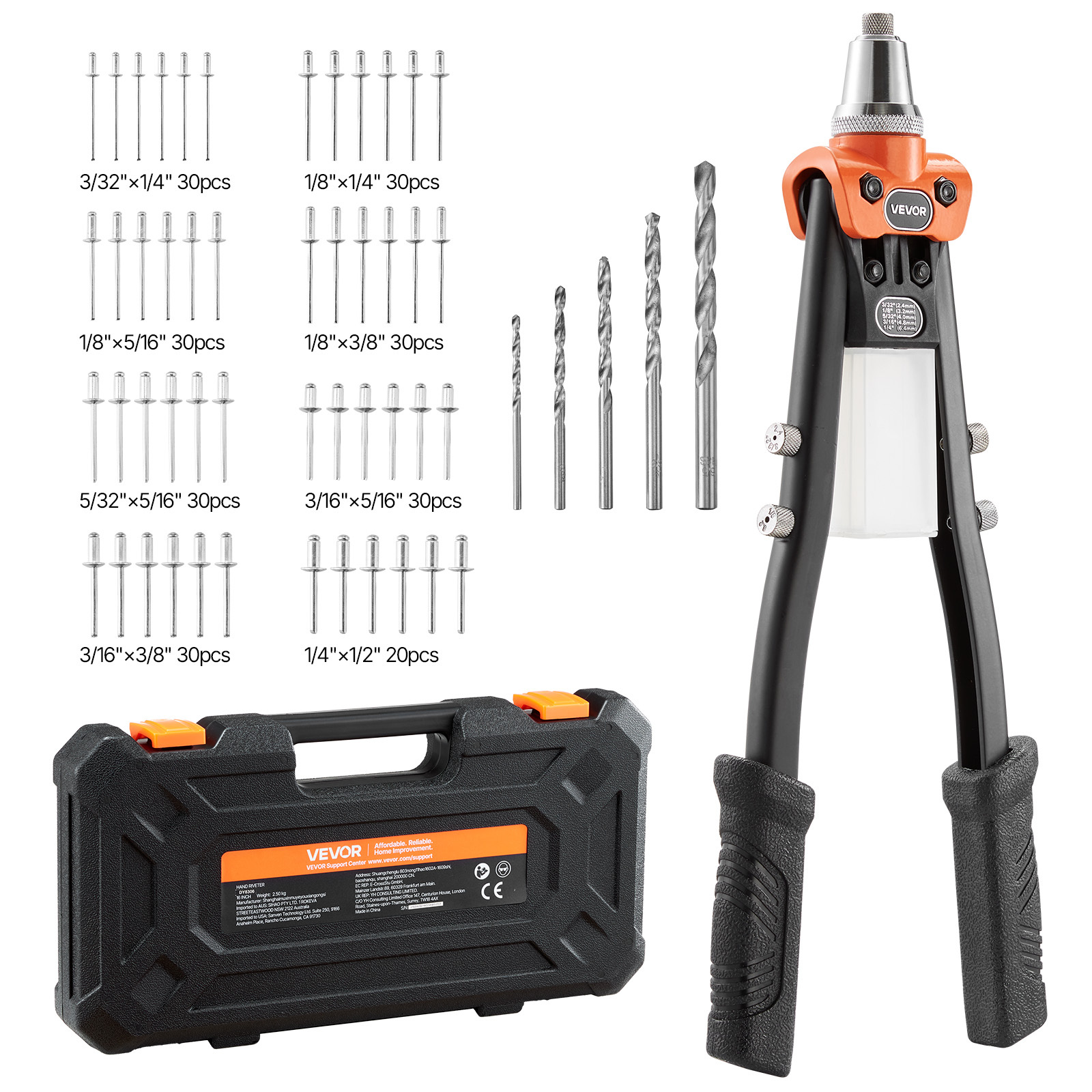Image of Pop Rivet Gun Kit, With 230 Blind Rivets, Two-handed With 5 Interchangeable Nosepieces, 5 Drill Bits, And A Carrying Case, Manual Tool For Metal, Automotive, Home, And Diy