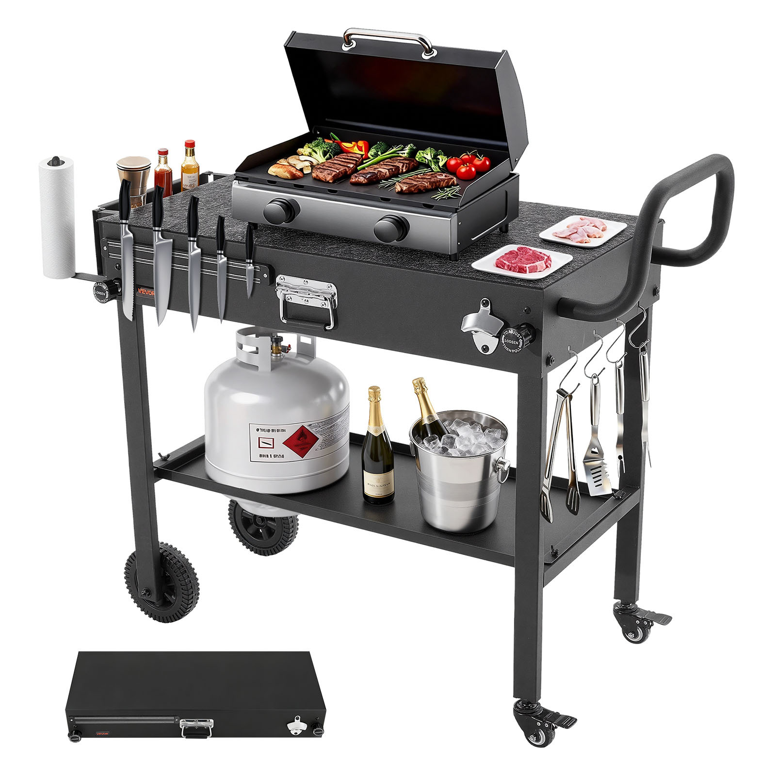 Image of Vevor Outdoor Grill Cart, 787 X 432mm Tabletop Size Grilling Table, Foldable Outdoor Cooking Table With Tissue Holder, Wheels, Magnetic Tool Rack, Bbq Prep Tables For Picnic, Kitchen, Courtyard
