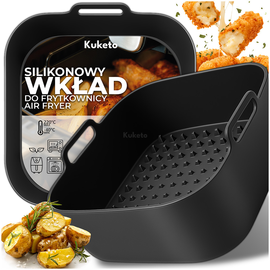 E-shop Kuketo – Silikon-Einsatz für Heißluftfritteuse – Wiederverwendbare Backform mit Rillen – Lebensmittelechtes Silikon – Größe 19,5 × 19,5 × 6,2 cm