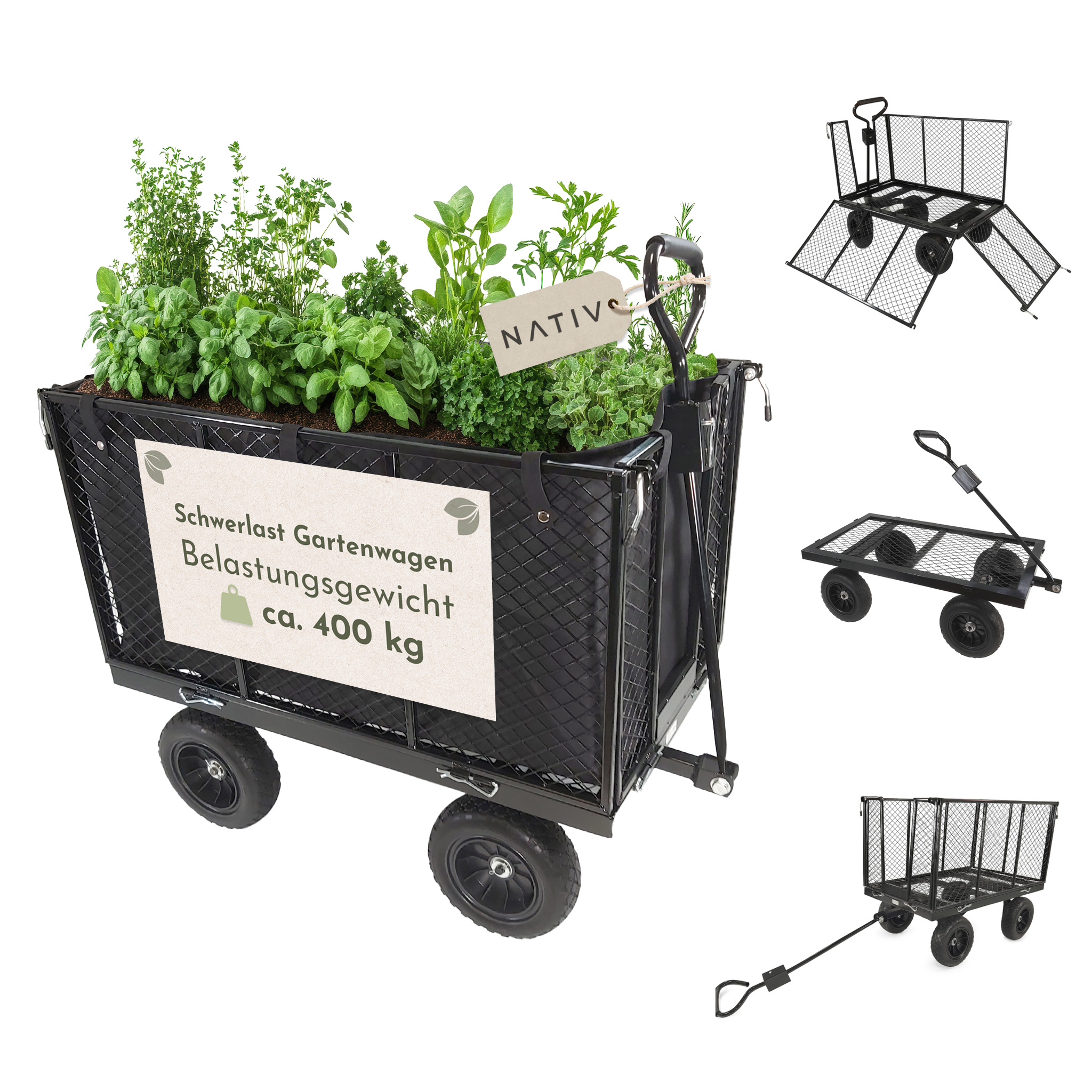 Image of Heavy-duty Steel Garden Cart With Rubber Tires And Folding Sides, 400 Kg