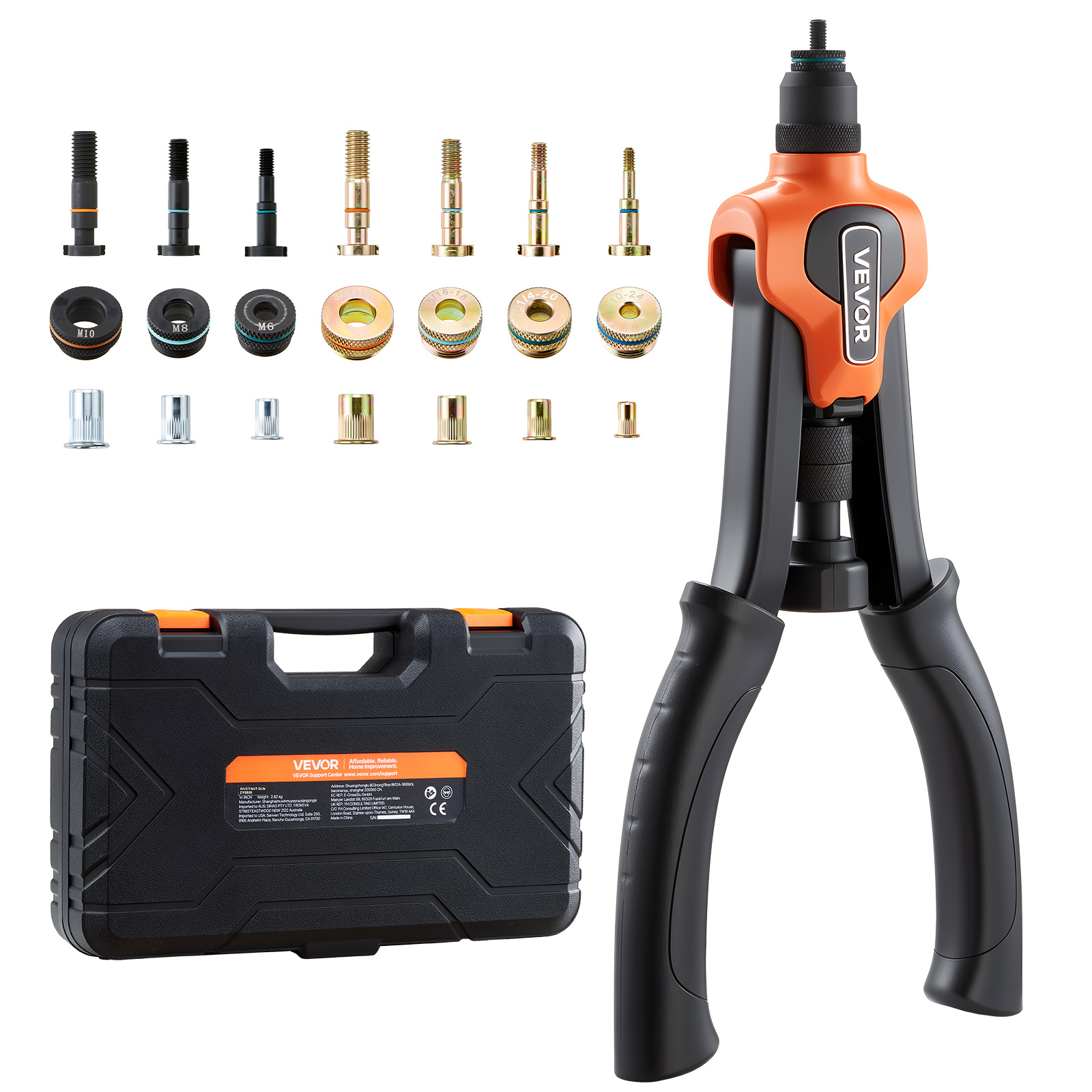 Image of Vevor Rivet Nut Tool Kit, 340 Mm Two-handed Rivnut Tool Kit, With 7 Mandrels And 70 Nuts, Metric And Sae Size M6, M8, M10, 10-24, 1/4, 5/16-18, 3/8-16 , With A Carrying Case, For Home, Auto