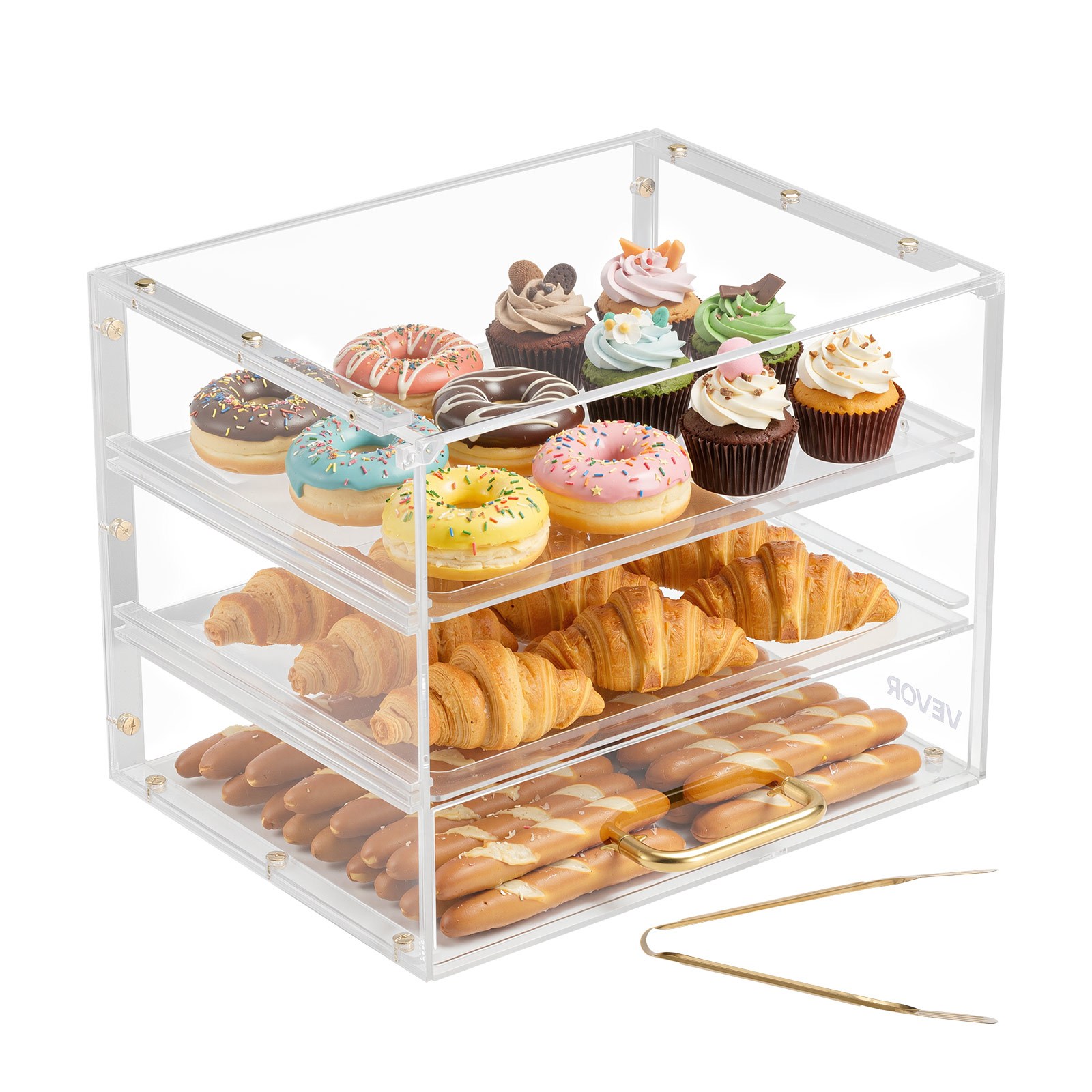 Image of Vevor Bakery Display Case, 3-tier Commercial Countertop Pastry Display Case, Clear Acrylic Bread Box For Kitchen, Party Cake Cabinet With Flip-up Door For Cookie Dessert Donut, 330 Mm