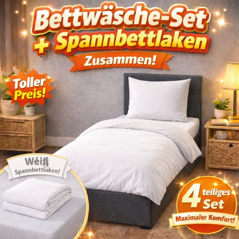 Image of 4pcs Set: Bed Sheet + 2 Pillowcases (80x80) + Fitted Sheet – Uni-colored, Care, For A Sleep