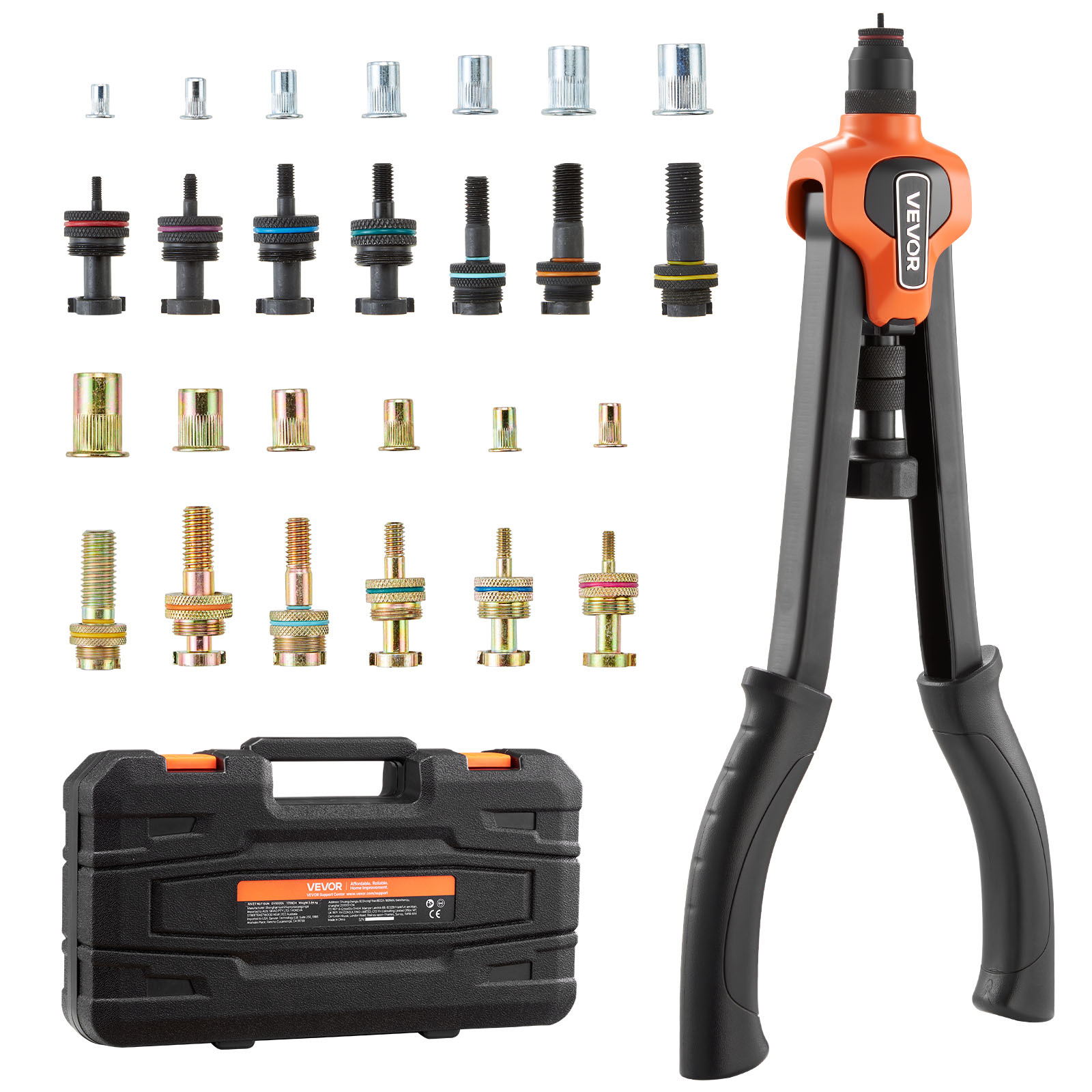 Image of Vevor Rivet Nut Tool Kit, 420 Mm Rivnut Tool Kit, With 13 Mandrels And 130 Nuts, Metric And Sae Size M3, M4, M5, M6, M8, M10, M12, 1/2-13, 8-32, 10-24, 1/4, 5/16-18, 3/8-16 , A Carrying Case
