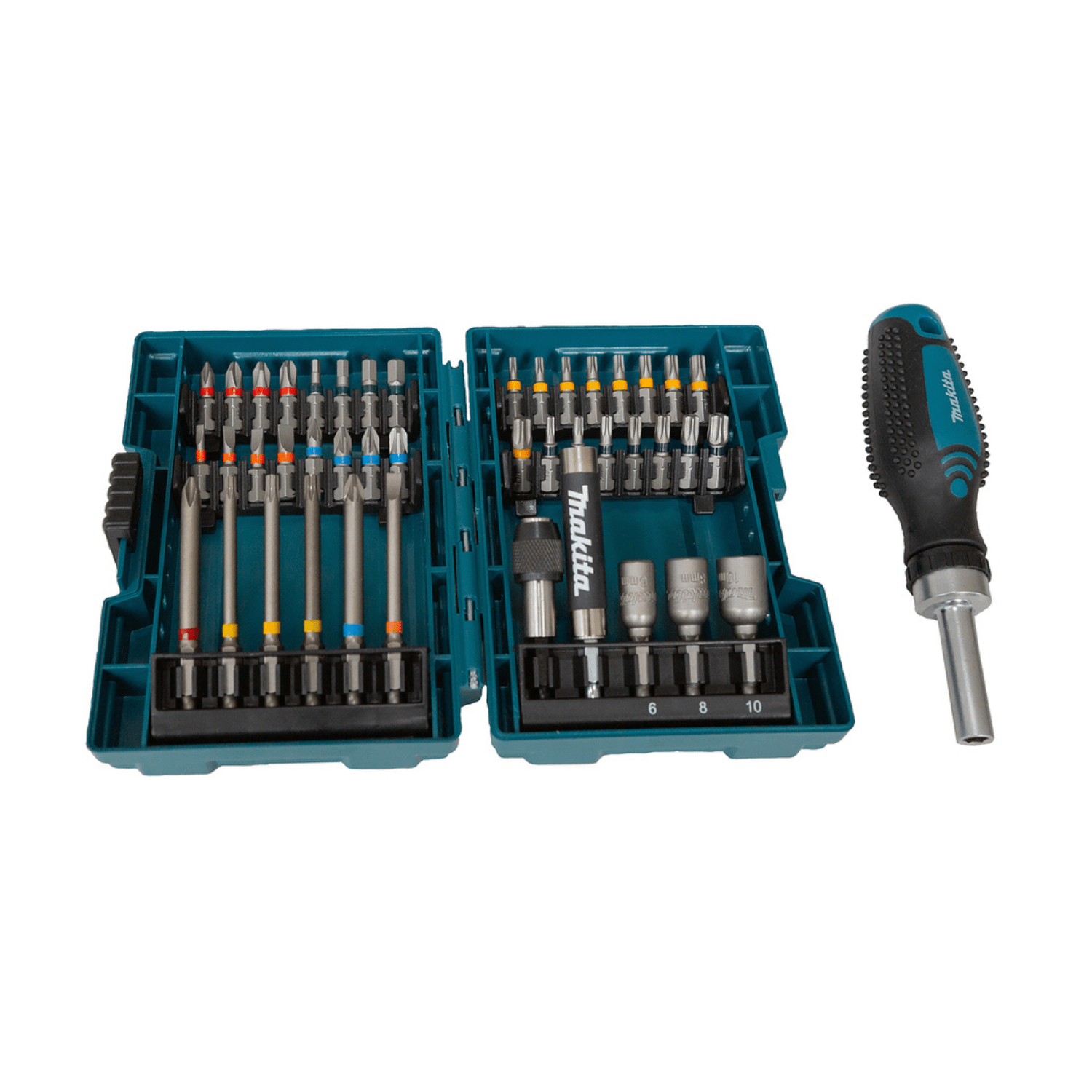 Image of Makita 44pcss Bit And Ratchet Set E-25096 44pcss • Ratchet Screwdriver • Ph, Pz, T, Th, H, Sl Bit Set 43pcs Including Reversible Ratchet Screwdriver