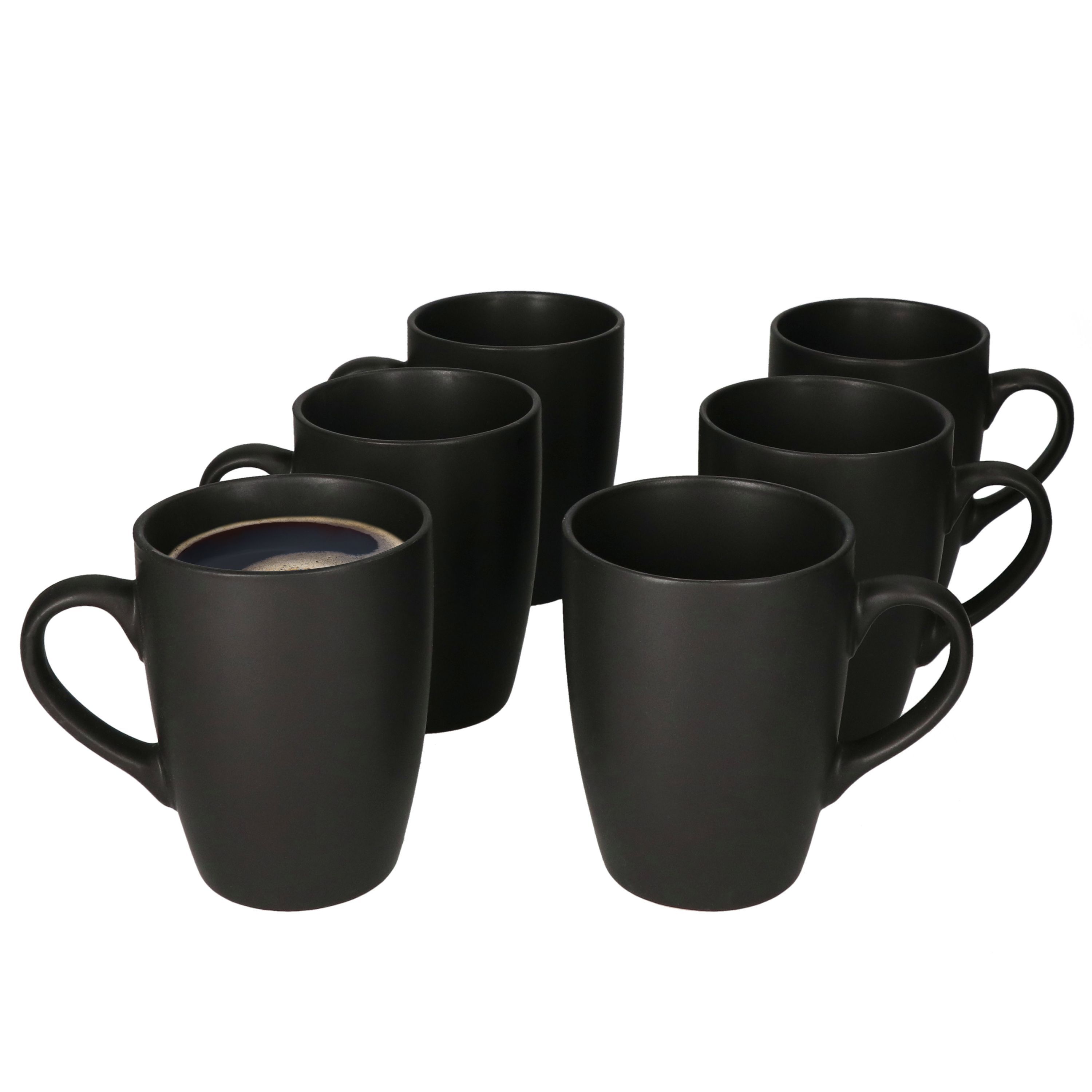 Image of Mambocat Leopard Black 6-piece Coffee Mug Set - Stoneware Mugs In Matte Black, Modern Ethnic Style - Coffee Cup Set For 6 People - Large Coffee Pot With Handle - Black Coffee Mugs, 6 Pieces