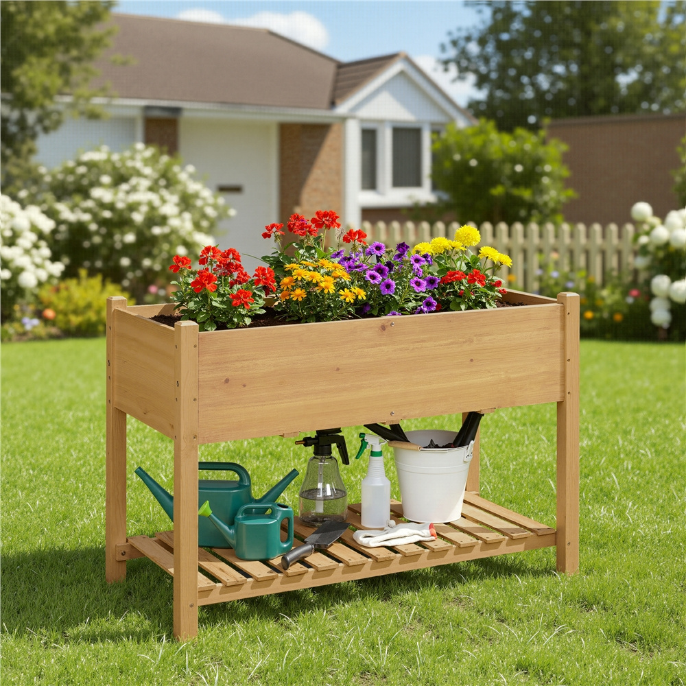 E-shop Costoffs Hochbeet für Garten Kräuterbeet Holz, Blumenkübel Anzuchtbeet Pflanzkasten mit praktische Ablage Gemüsebeet für Garten Balkon Terrasse
