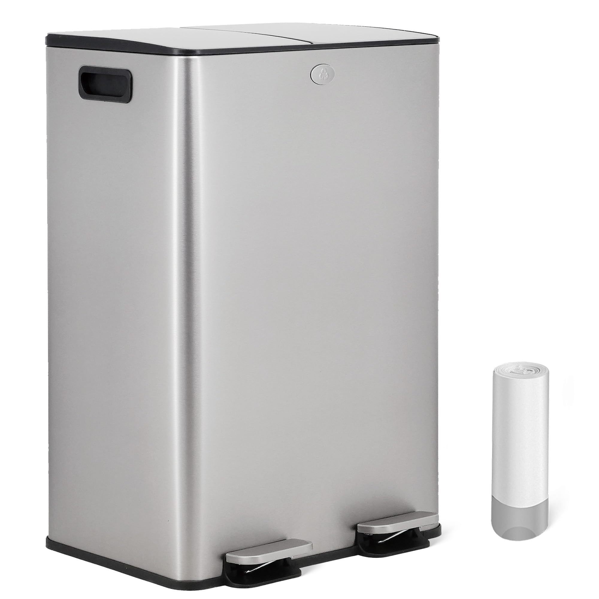 40l Stainless Steel Recycling Trash Can (2x20l) With Pedal, Double Compartment Anti-fingerprint Bin, Lid For Kitchen And Office, Includes 20 Bags