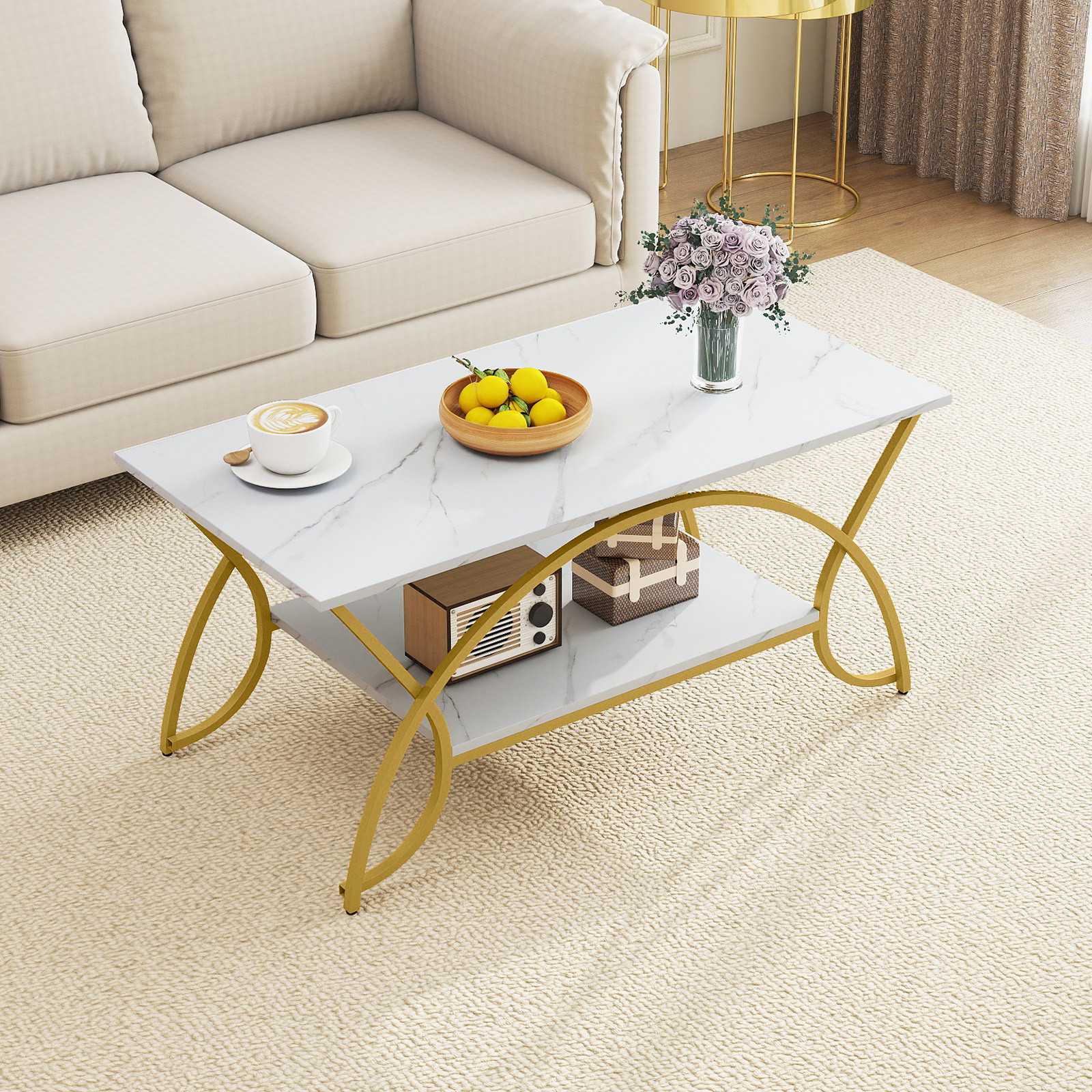 TEMU Goflame 2-tier Marble Coffee Table With Golden Metal Frame