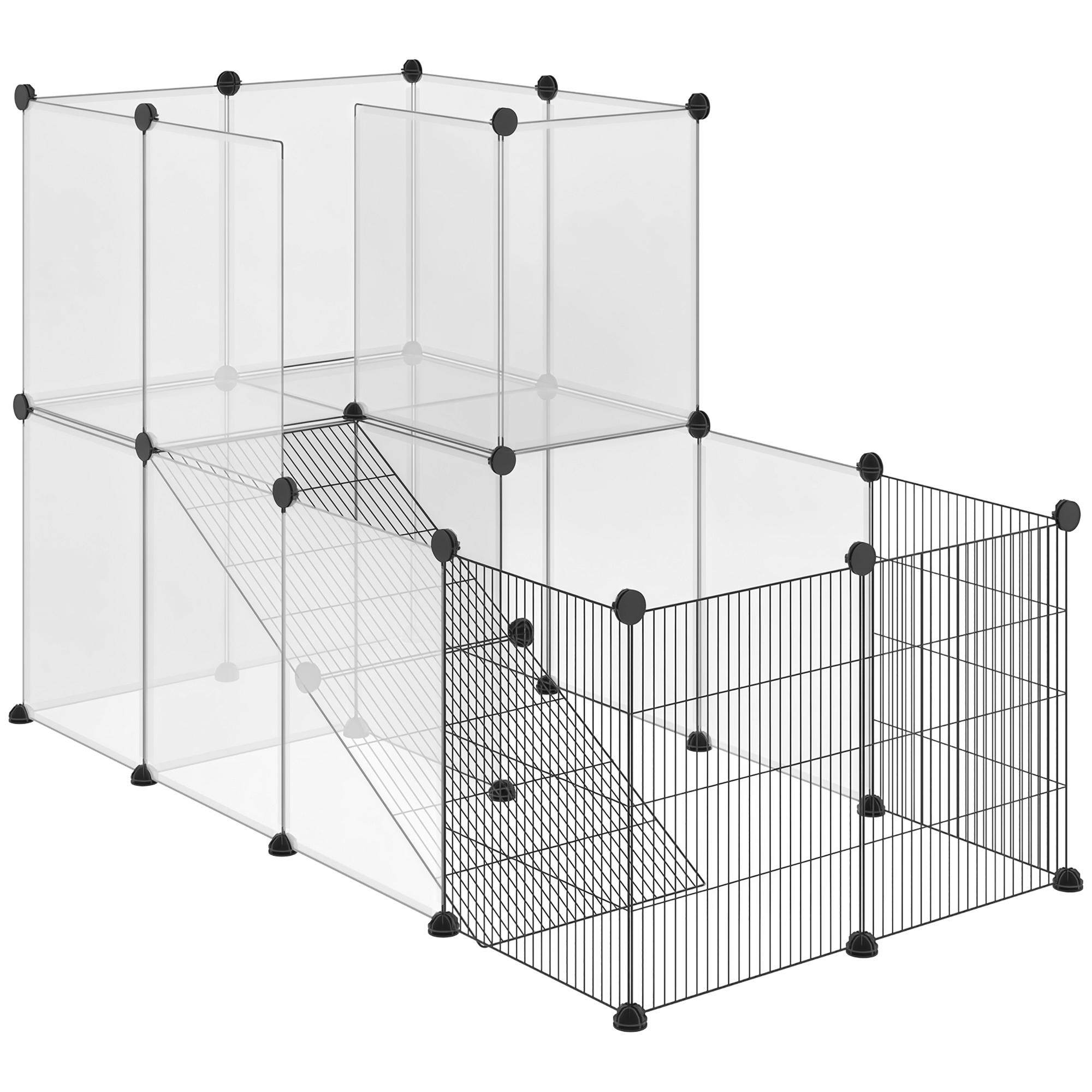 TEMU PawHut Enclos lapin interieur, 2 niveaux, parc cage modulable design ouvert et en fil d'acier, clôture pour animaux, lapin, chinchilla, cochon