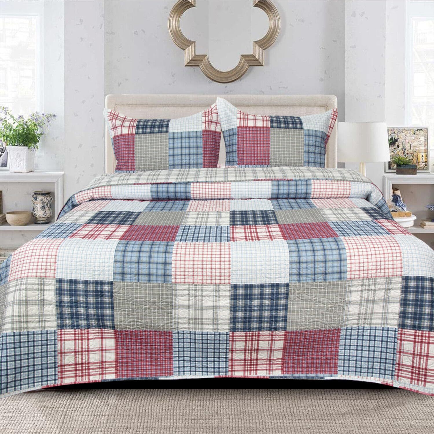 TEMU Chic Vintage Bedspread Set – 100% Cotton, Reversible Design, Quilted Finish