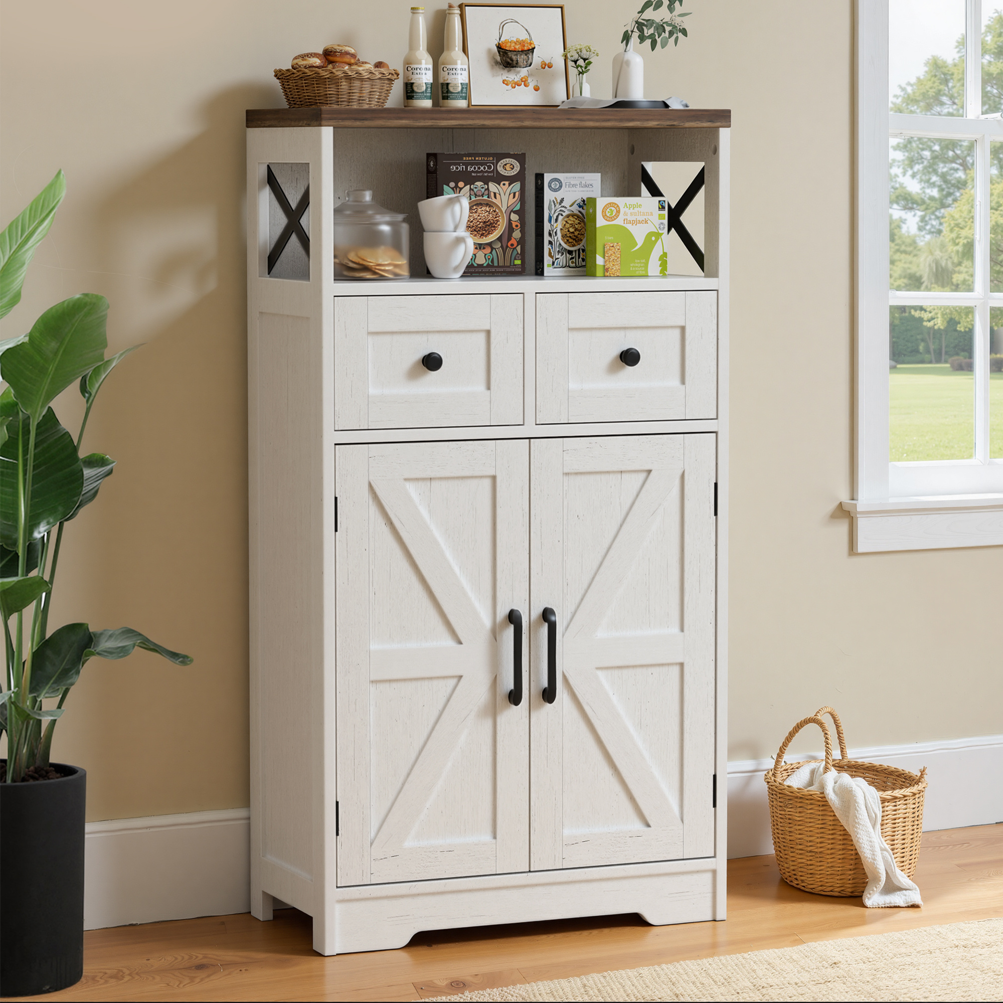 Image of Sideboard, Kitchen Cabinet With Drawers, Storage Cabinet, Open Shelf Cabinet, Coffee Bar Cabinet For Kitchen, Dining Room, Living Room, 58 X 29 X 108cm, White With Wood Grain.