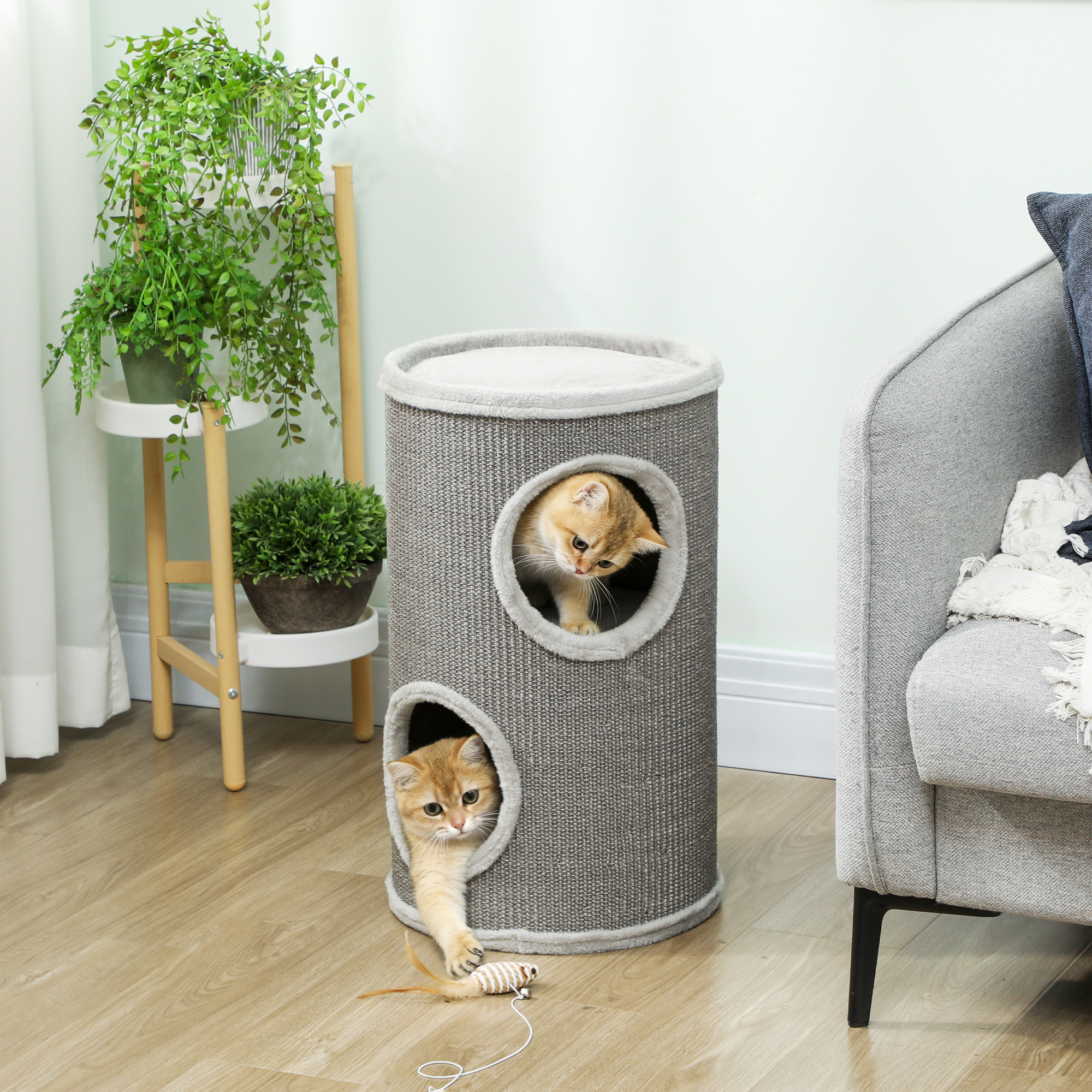 Scratching , 60 Cm High Ø 35 Cm Two-tier Cat With 2 Caves, Scratching Post With Plush Edge, Cat Tower For 1-2 Cats Up To 5 Kg, Light Grey