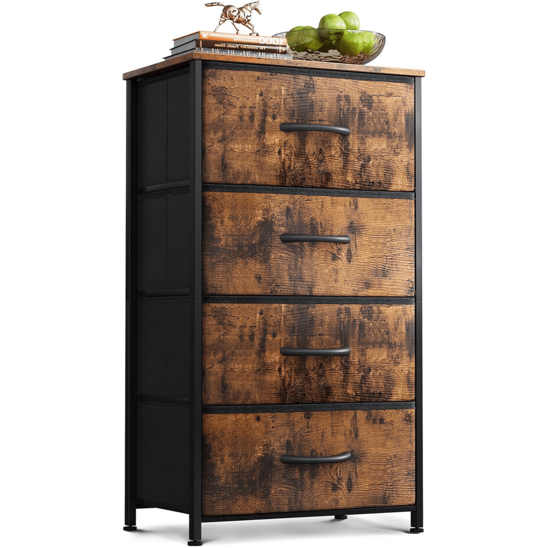 Narrow Chest Of Drawers With 4 Drawers, Small Chest Of Drawers With Fabric Drawer, Sturdy , Wooden Top, Suitable For Bedroom And Living Room
