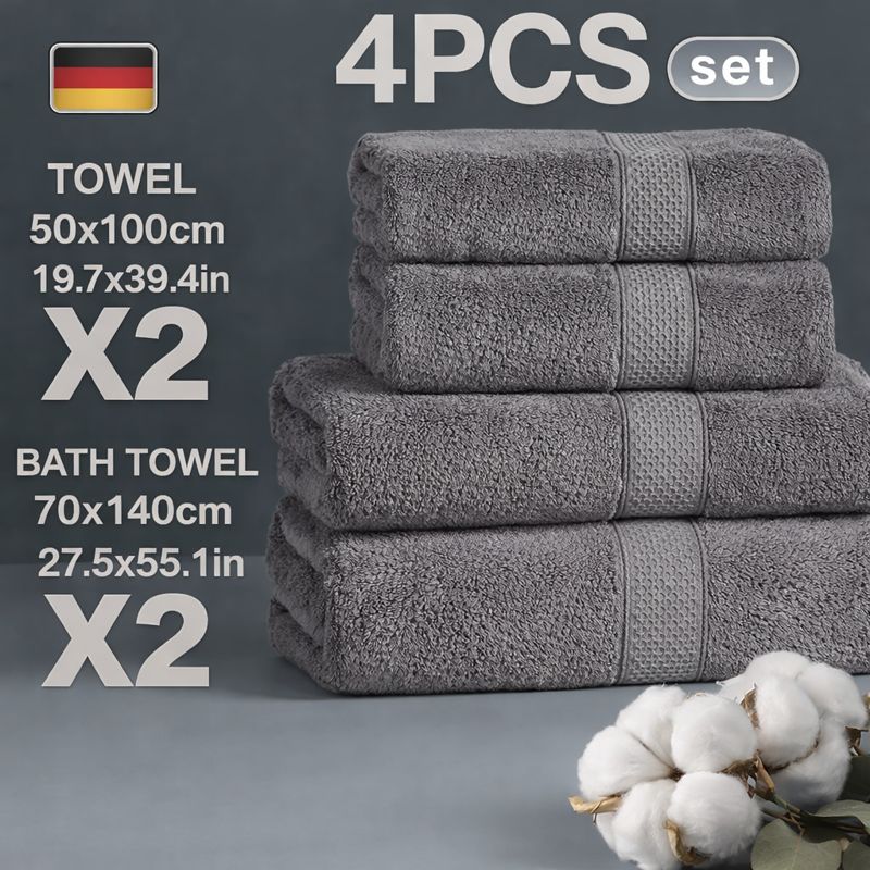 E-shop 4-teiliges Baumwoll-Handtuchset – Weiches Frottee aus 100% Baumwolle, 2 Handtücher 50x100 cm & 2 Badetücher 70x140 cm, Saugstark &