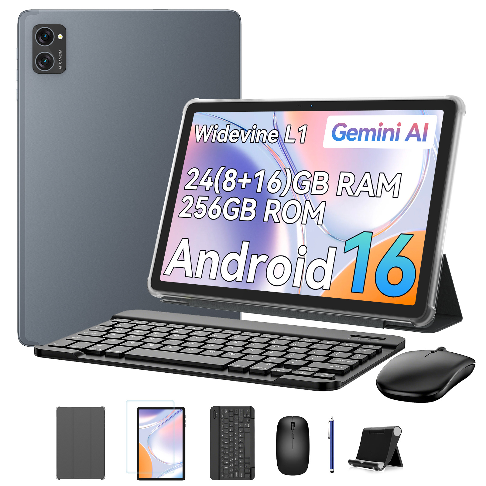 E-shop Tablet mit Tastatur 16 [Upgrade über OTA] - AI, 24 (8+16)GB RAM + 256GB ROM (2TB TF Erweiterung), 5G WiFi, Bluetooth 5.0, Dual-Kamera,