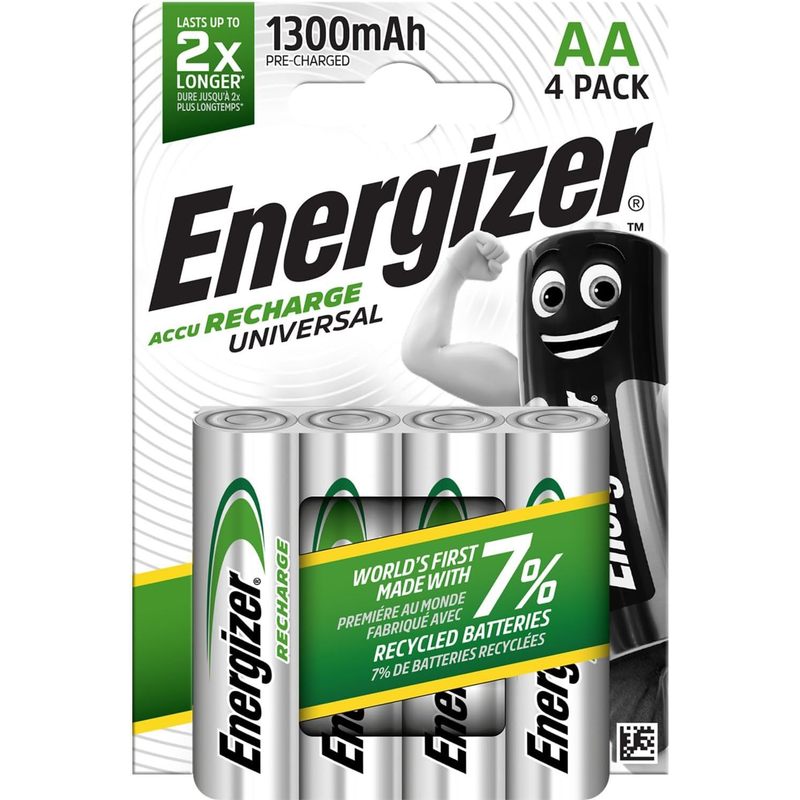 TEMU Piles Rechargeables Universelles Energizer AA (Pack de 4) - 1300 mAh NiMH - Préchargées - - 1000 Cycles - Emballage 100% Recyclable et Plastique