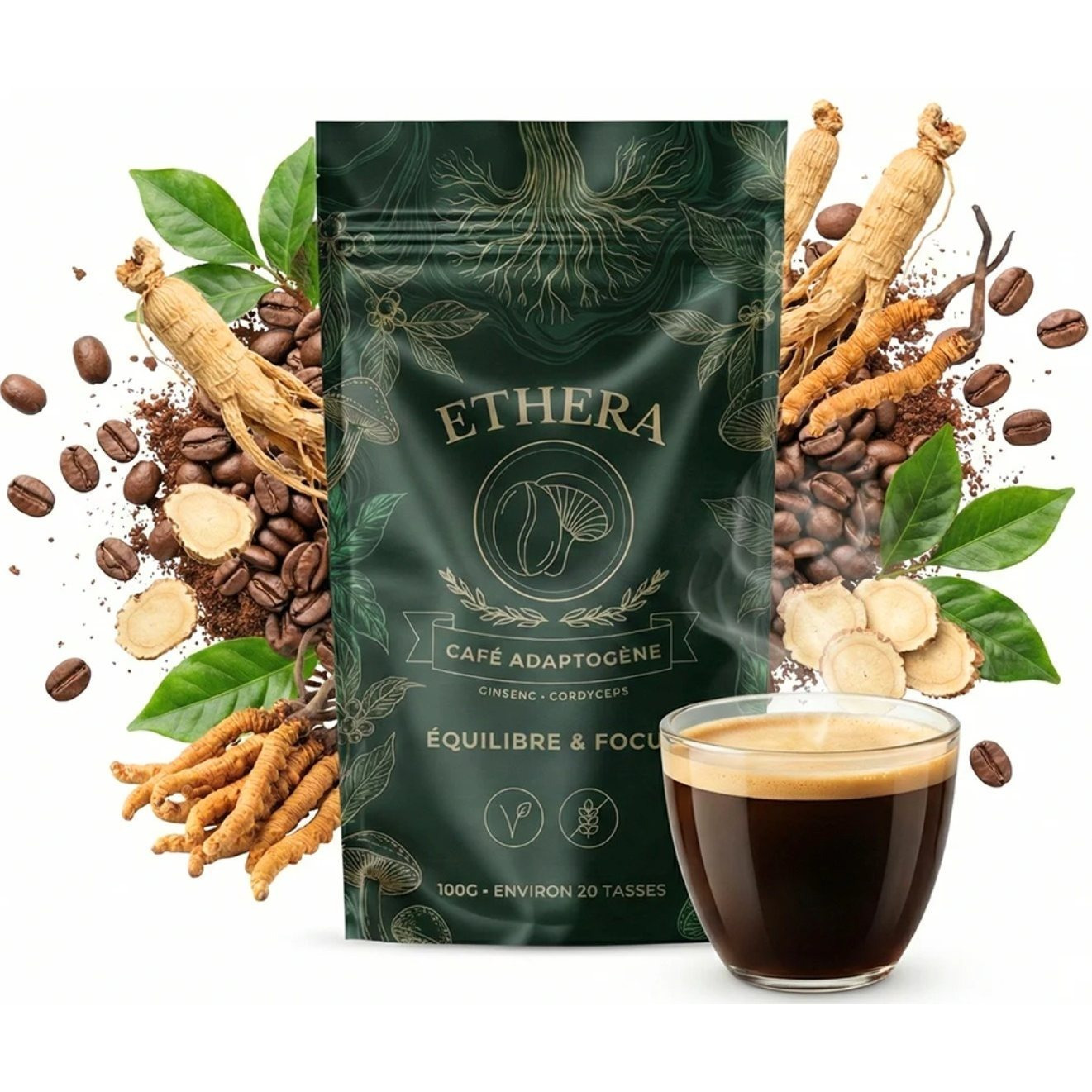 Mushroom-based Adaptogenic Cafe And Ginseng - 100g Powder Extract, Equivalent To Around 20 Cups