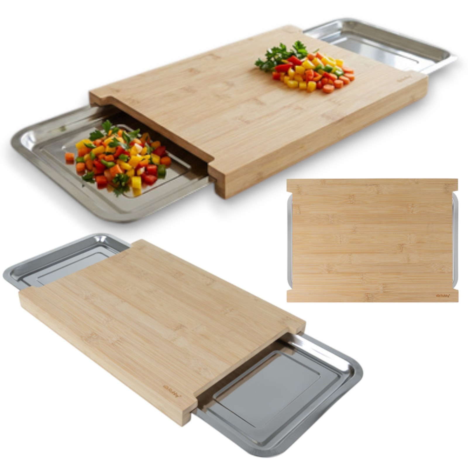 E-shop Bambus-Schneidebrett mit multifunktionalen Behältern, 40 x 28,5 cm, zwei ausziehbare Behälter, hitzebeständige Behälter, natürlicher Bambus,