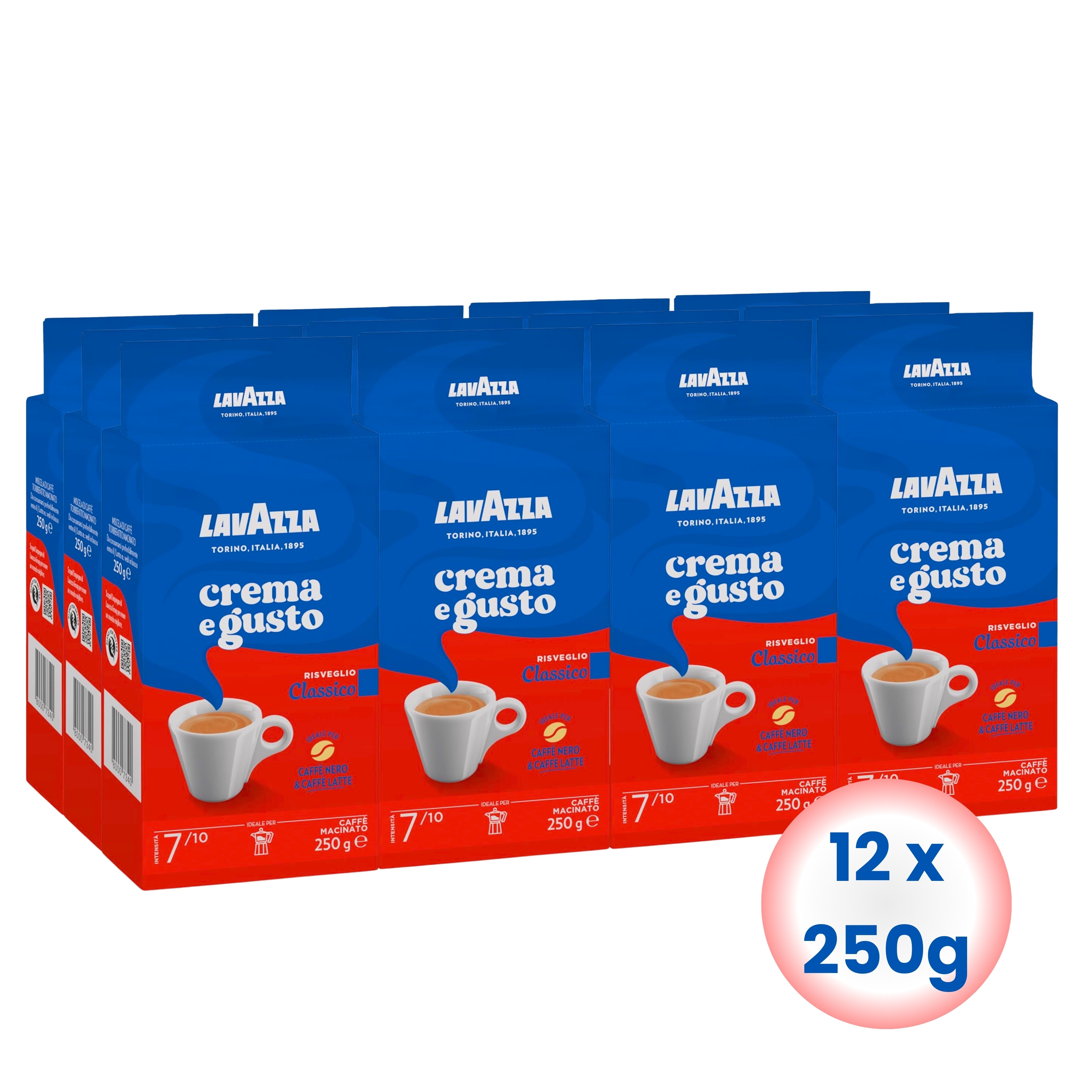 Image of Lavazza - Crema E Gusto Ground Coffee - Italian Ground Coffee Espresso Arabica Robusta Intensity 7/10 - Italian Coffee Maker Super Automatic Espresso Machine - Pack Of 12 X 250g