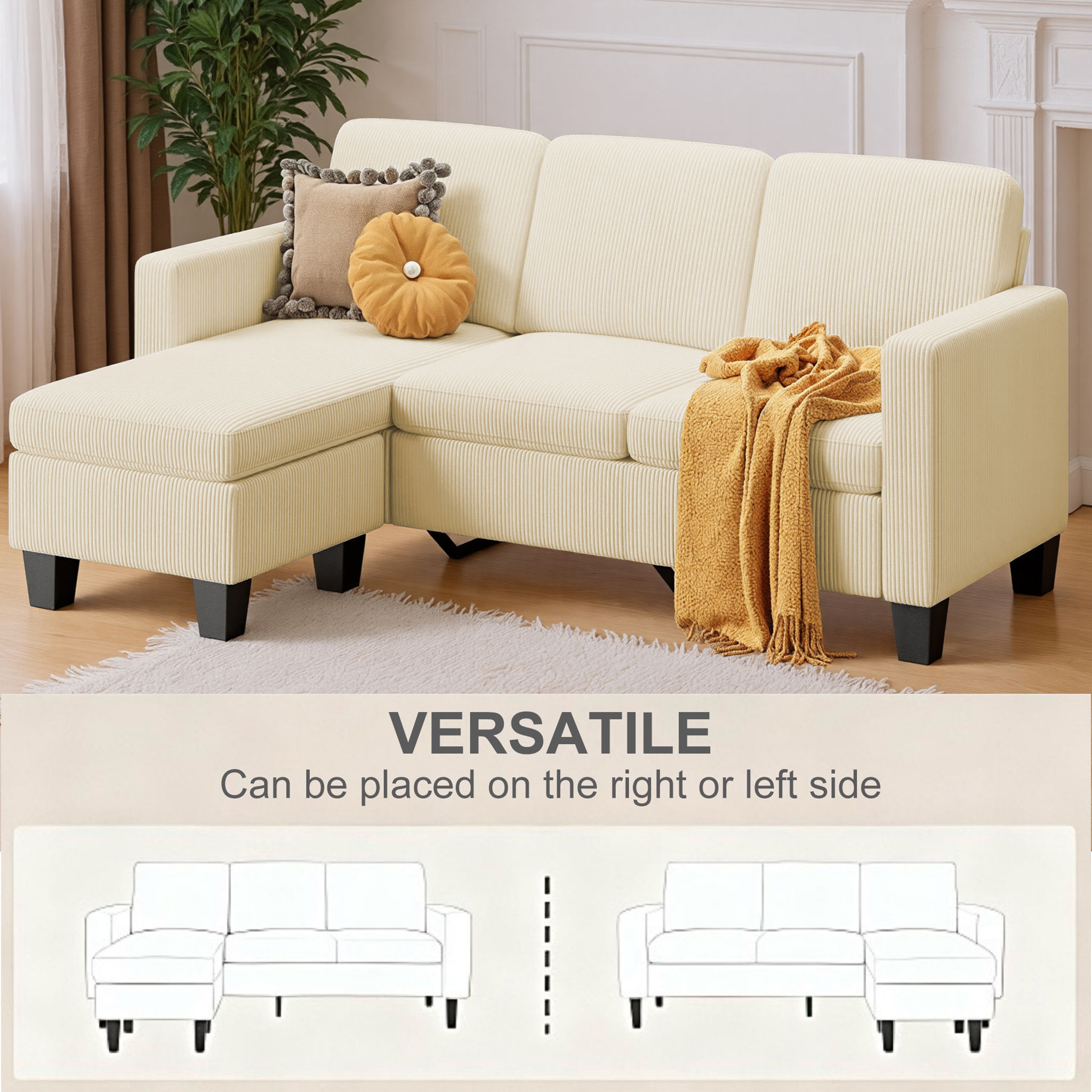 L-shaped Corner Sofa, 4-seater, Cord Fabric, Modular & Combineable, 188x137x89 Cm, Light Yellow, Ar93 Coree