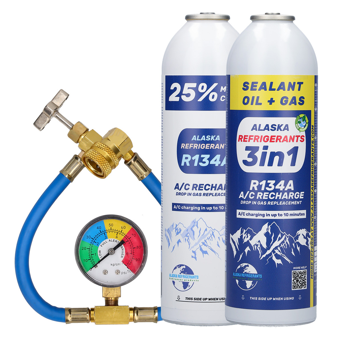 Combined Alaska Refrigerants Kit – 3-in-1 R134a Replacement Refrigerant With Pag 100 Oil And Sealer + R134a Replacement Refrigerant + Hose And Gauge