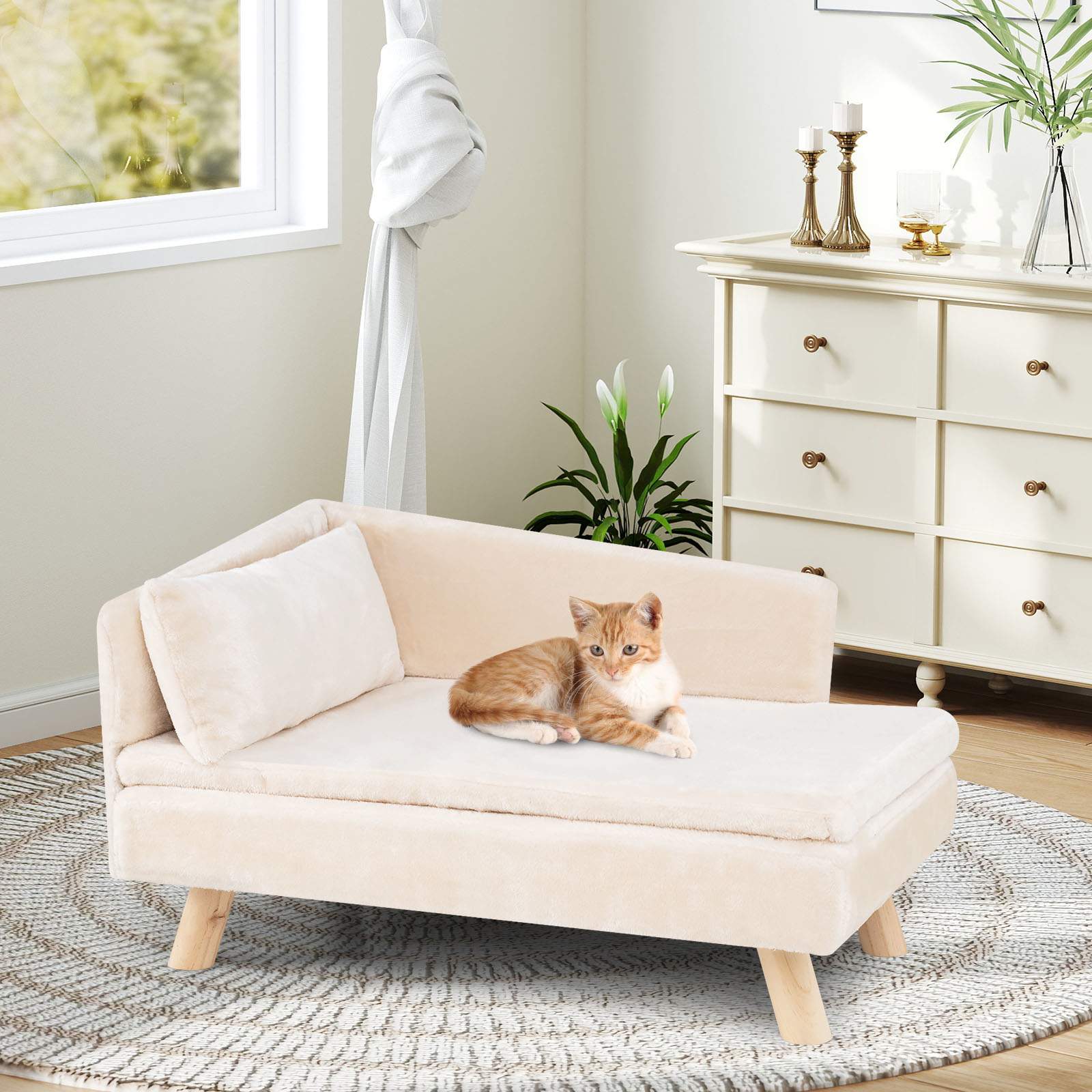 Image of Elevated Pet Bed For Medium & Small-sized Dogs Puppies Cats Kittens, Dog Sofa Bed With Removable Cozy Padded Pad & Pillow, Sturdy Wood Legs, High Back, Dog Sofa Couch Chair Furniture For Indoor Use