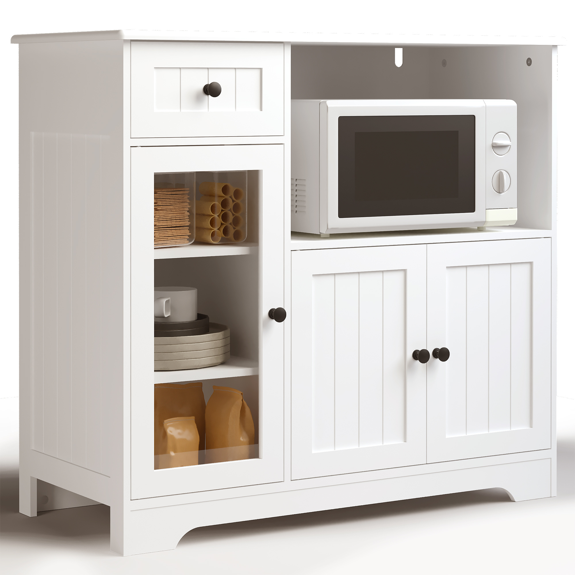 Storage Cabinet | With 1 Drawer & 3 Doors | Cable Passage & Height-adjustable Shelves | 90×40×82 Cm | White Ap110