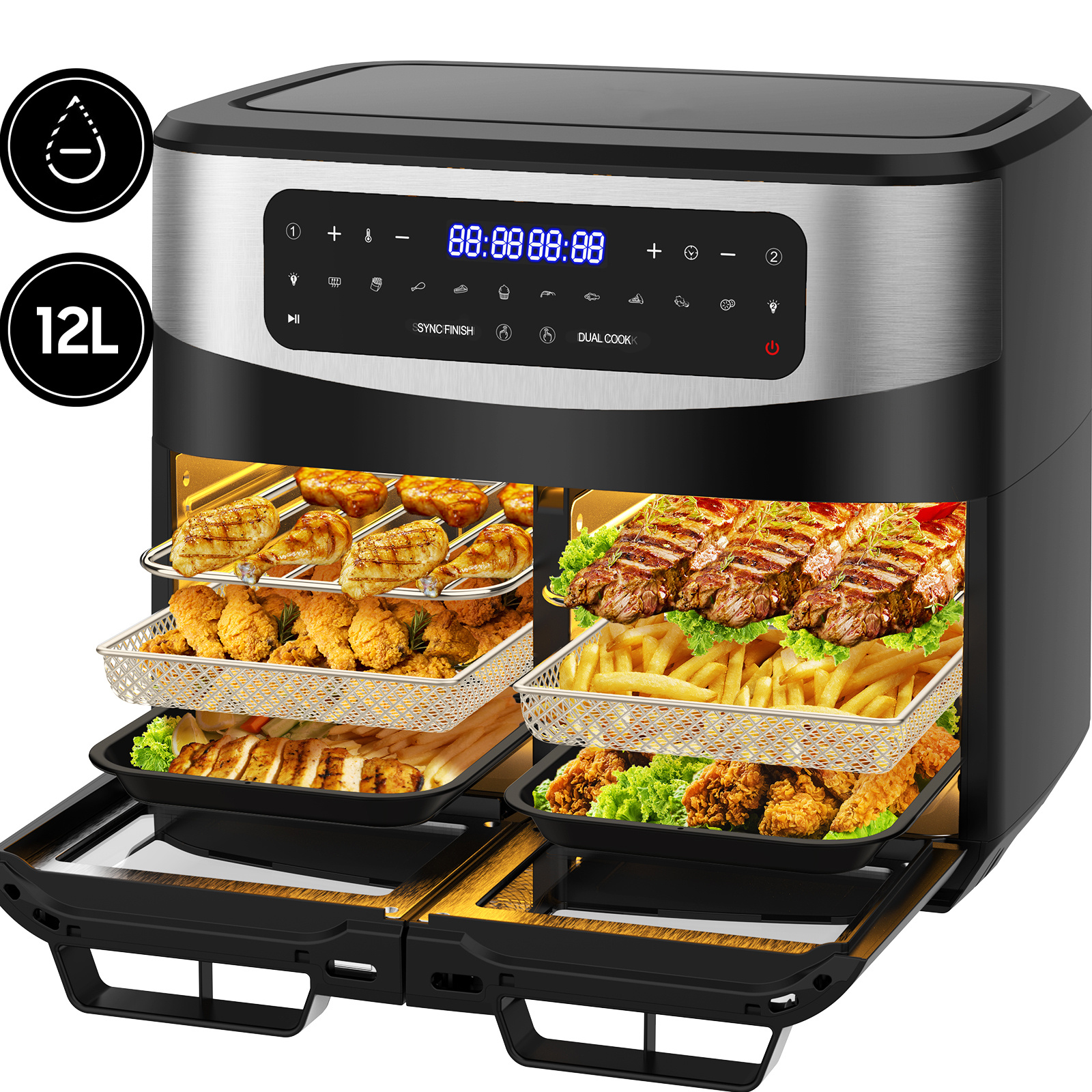 Double-chamber Hot Air Fryer 11l Large Capacity 2600w High-performance 2x 5.5l Independent Frying Baskets Led Touchscreen Window 8 Programs For Low-fat Roasting Removable Divider Easy To Clean